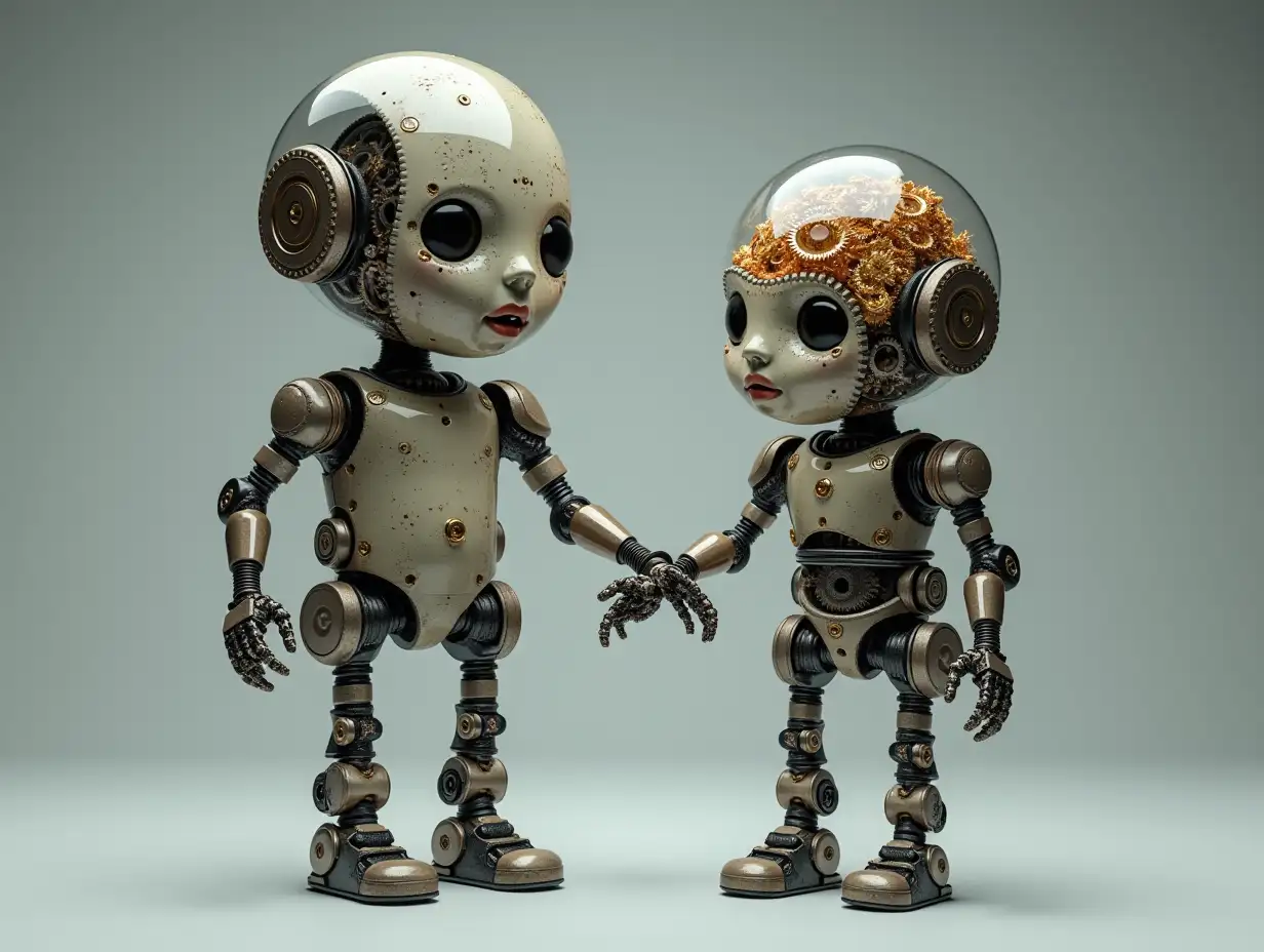 Create a high-resolution, realistic image of artificial intelligence: Robert, two meters tall and a robot one meter tall, with gears on arms and legs, gears on cheeks and a glass head with visible gold plated brain, screws with many gears and many small glass balls on the photo studio floor at 4-k resolution