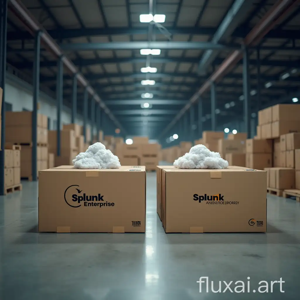 Huge warehouse with boxes labelled 'Splunk Enterprise' and 'Splunk Cloud' photorealistic