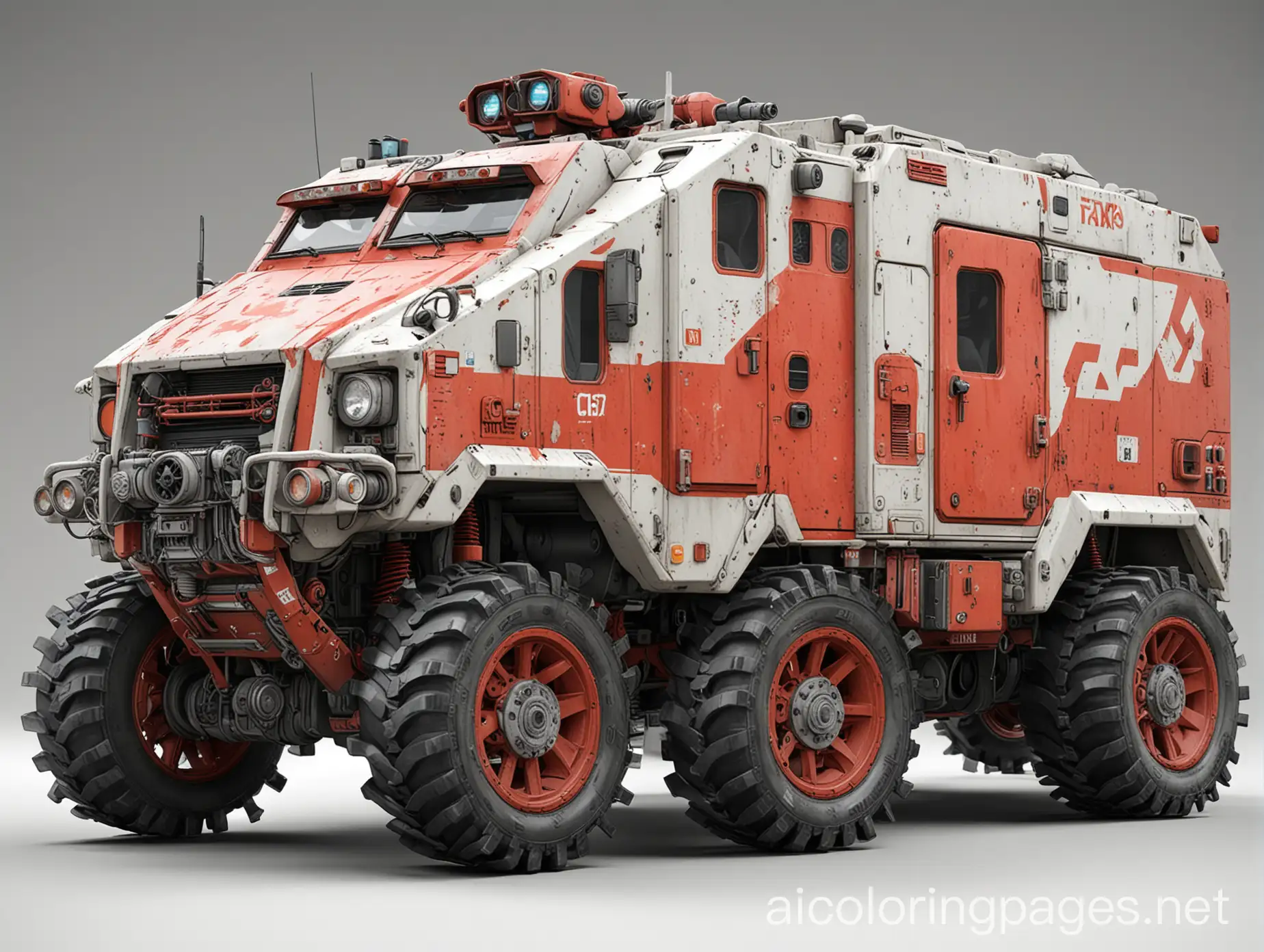 Highly-Detailed-Post-Apocalyptic-Cyberpunk-Red-Mech-Ambulance-with-Tracks-Coloring-Page