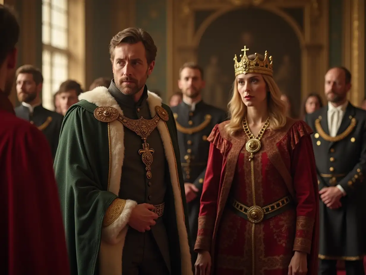 A grand royal court with a wise minister standing beside the king. The minister looks intelligent and confident, while courtiers look on with curiosity.