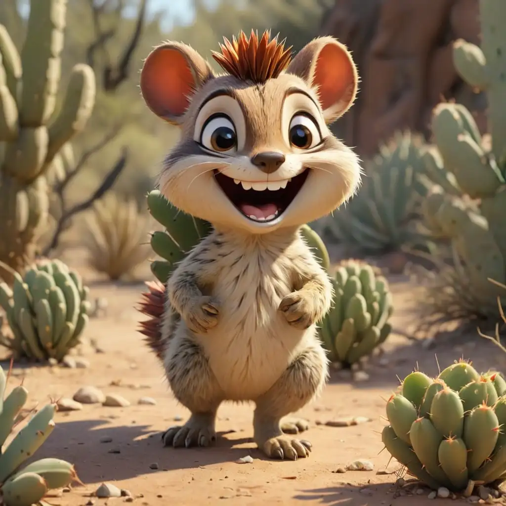 Cartoon Cactus Walking with Cute Numbat Smiling