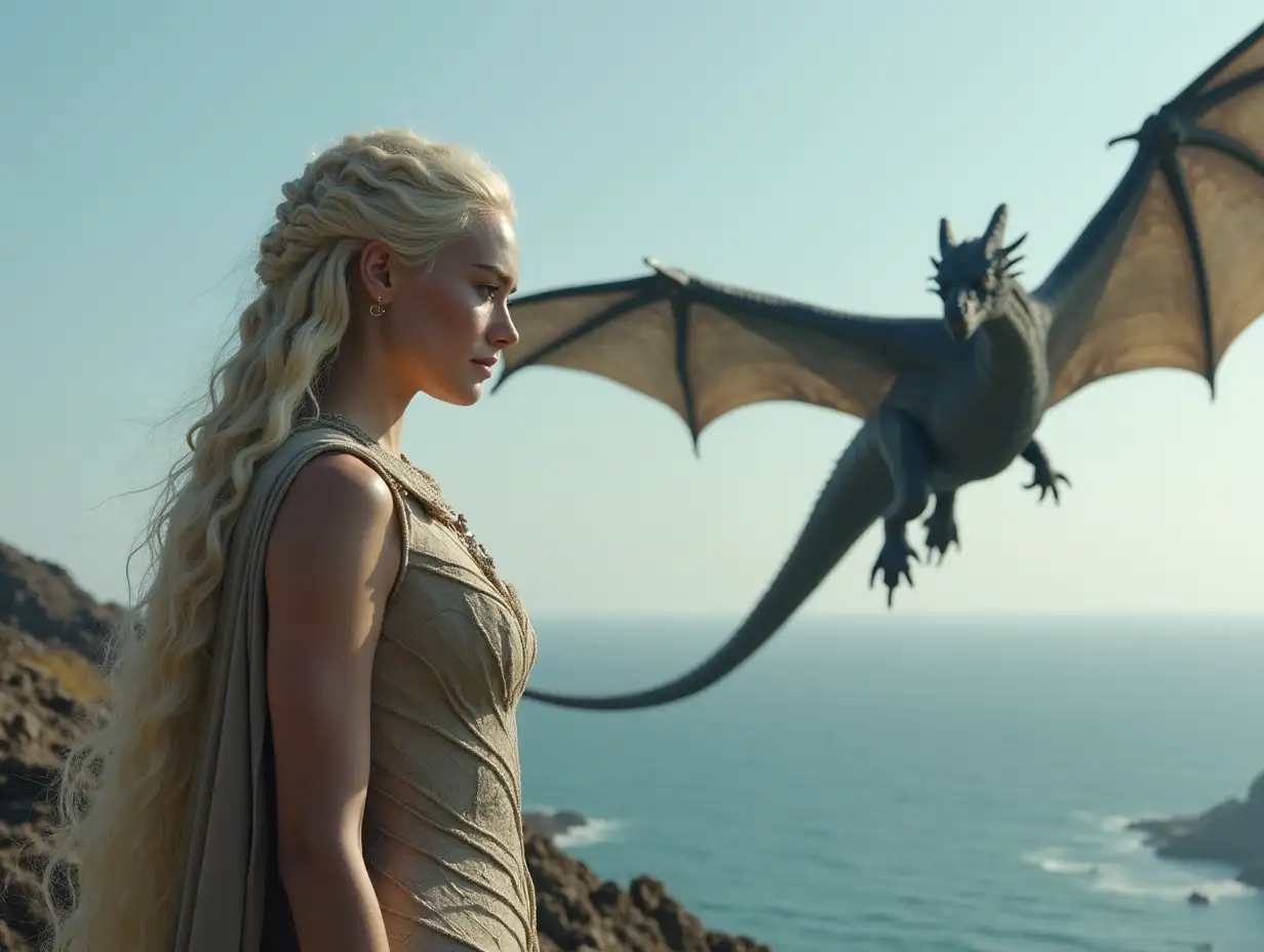 Daenerys-Targaryen-Standing-on-a-Rock-by-the-Sea-with-Drogon-Flying-in-the-Sky