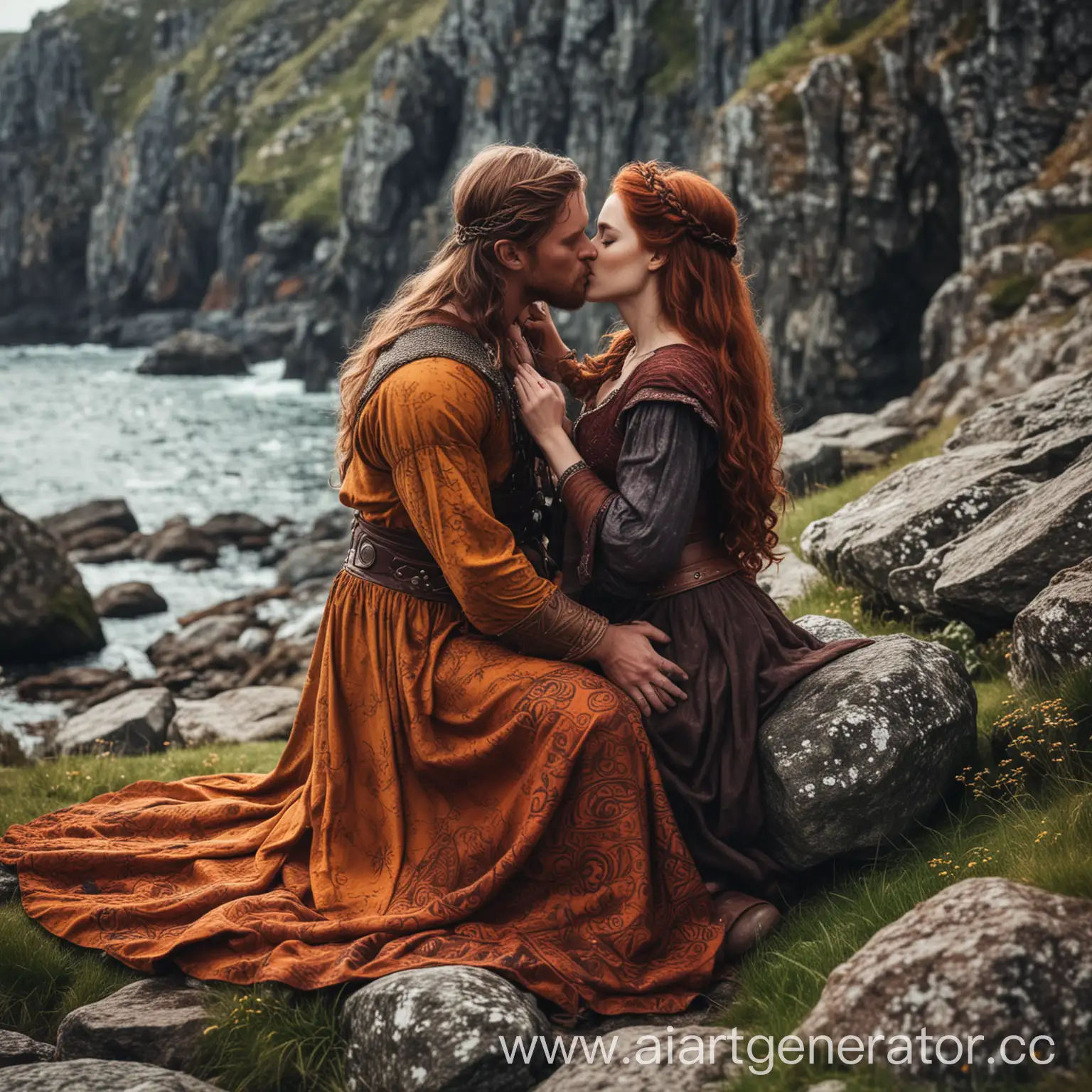 Viking-Kissing-Woman-with-Dark-Auburn-Hair-among-Rocks