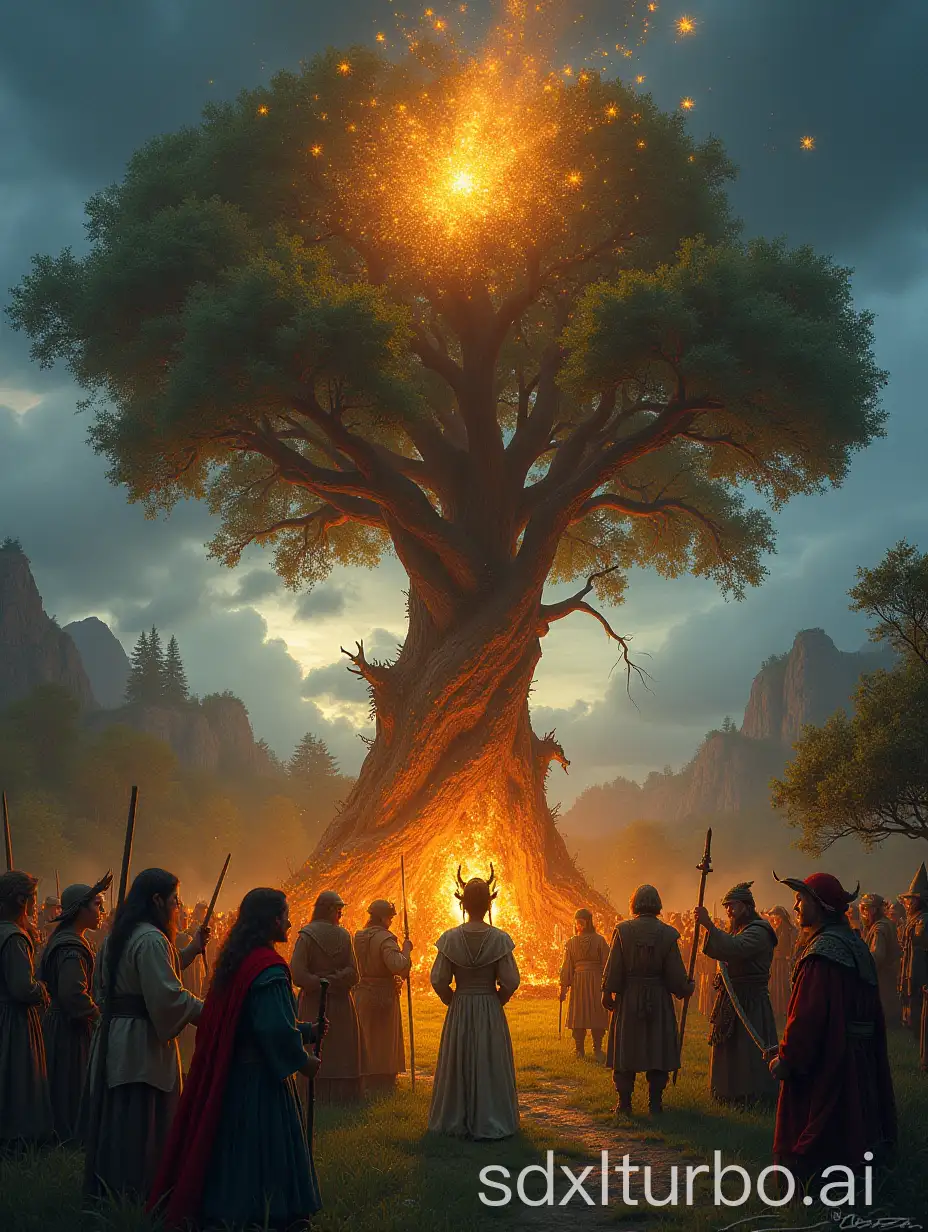 Hobbits, Elves, Dwarves and Humans are celebrating on the festival meadow around a large tree, while a firework in the form of a dragon rises.