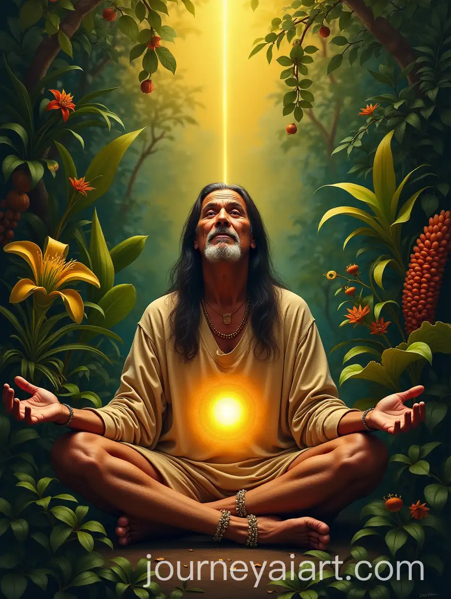 SeniorAI-Art-Prompt-Expansion-Indigenous-Person-in-Meditative-Pose-Surrounded-by-Vibrant-Jungle-Foliage