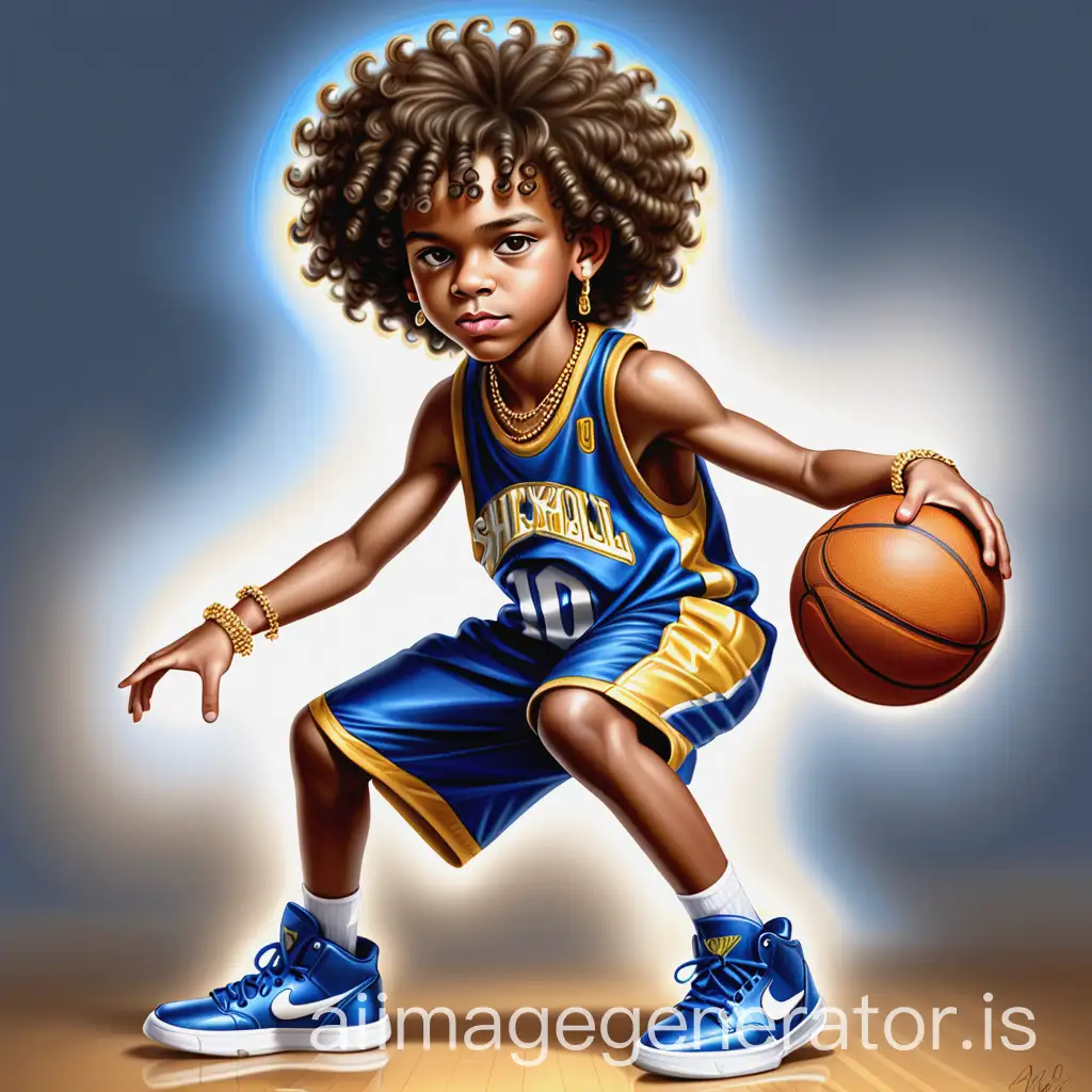 a digital airbrush illustration of an African-American 10yr old little boy with silky curly hair and light brown eyes and a dimples wearing a gold chain and diamond stud earring in left ear and wearing a blue and white basketball jersey and blue and yellow basketball shorts and white sneakers gripping a basketball showing shoes