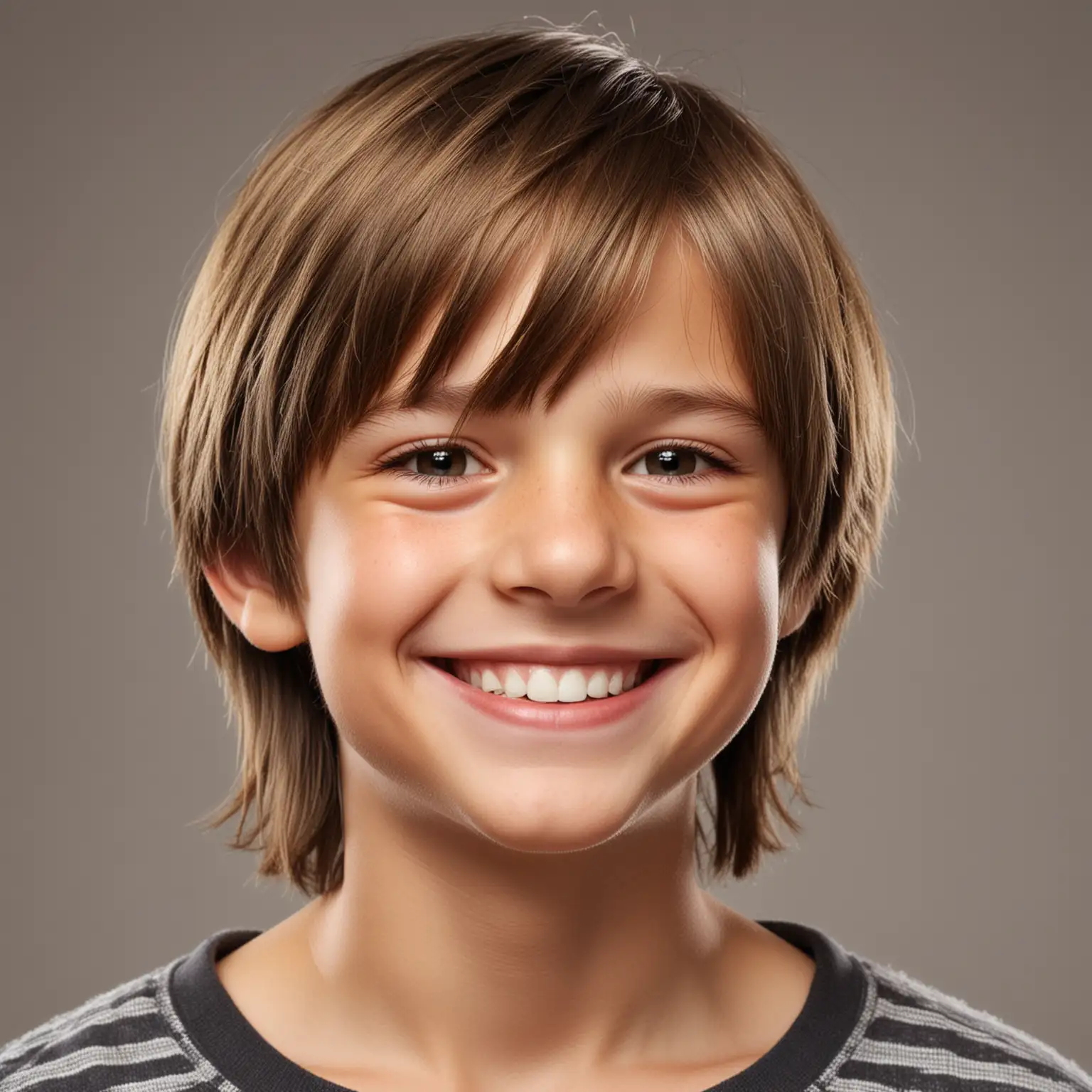 Hyper Realistic Portrait of a Smiling ElevenYearOld Boy with Neatly Combed Light Brown Hair and Bright Overhead Lighting