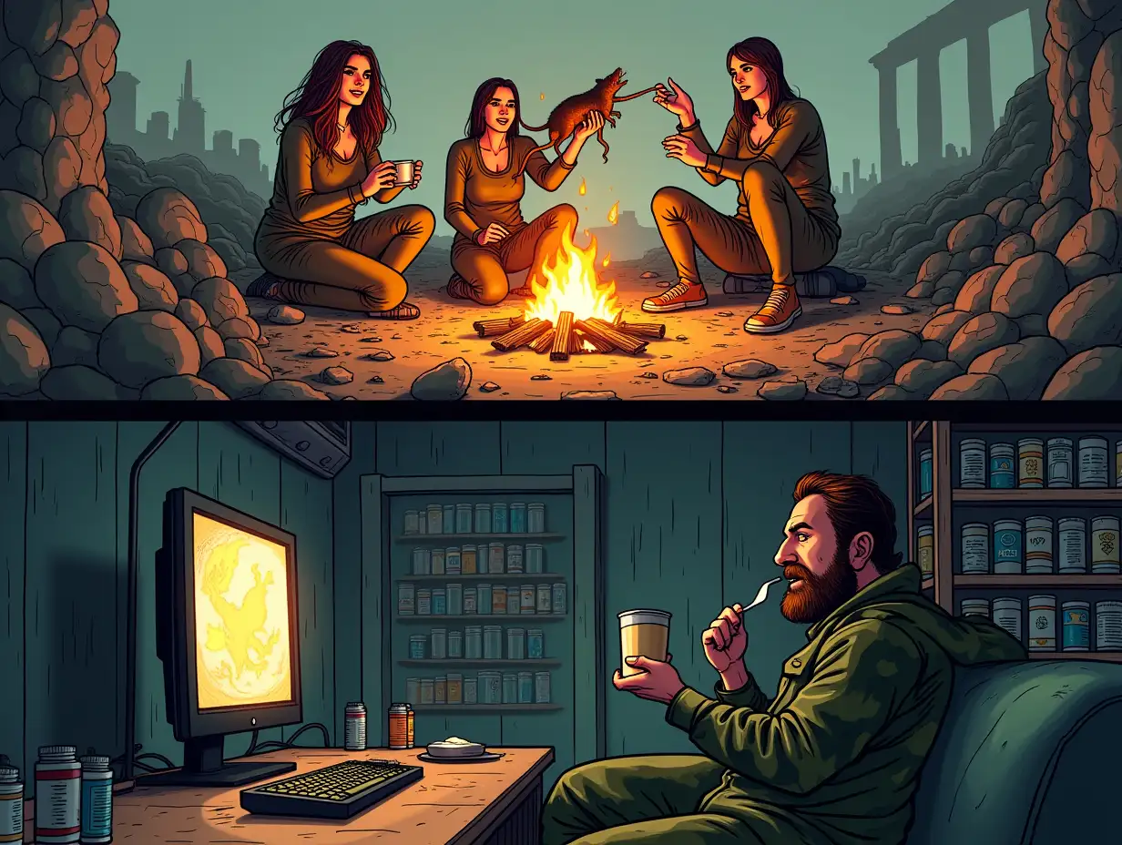 user_prompt: The image is divided into two horizontal parts. At the top, on the ground among ruins, a group of three glamorous women in rags, homeless people, are roasting a rat on a spit over a fire. Below, from the bunker, a bearded man in camouflage is sitting on a couch, eating canned stew with a spoon from a can, watching this scene with interest on the monitor screen. Along the walls of the bunker, shelves with rows of cans of canned food. Cartoon.