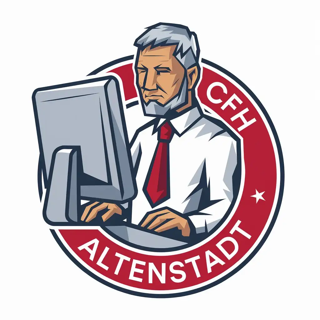 LOGO Design for CfH Altenstadt Old Man with Red Tie Grey Hair Beard Sitting at Computer Sports Fitness Theme