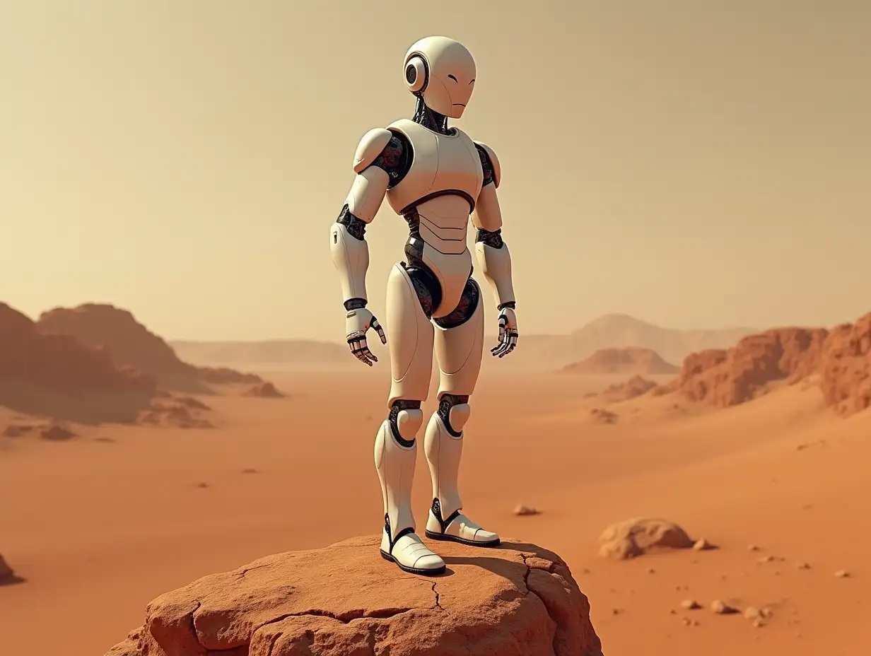 Create a high-resolution, realistic image of the two-meter tall artificial intelligence Robert with arms and legs on Mars on a rock at 4k resolution