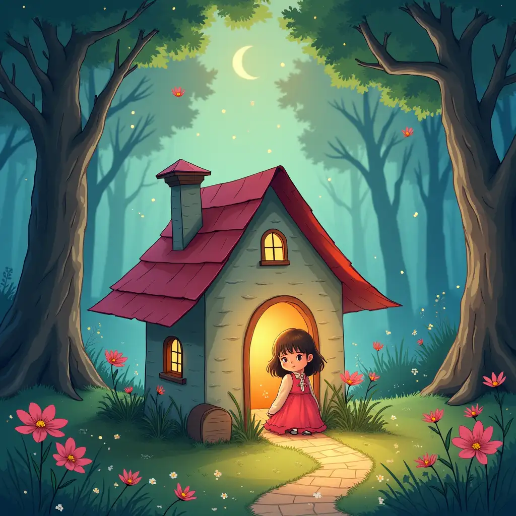 dreamy girl sitting inside a paper home in a magical forest; a simple line art, and the style is reminiscent of children's book illustrations or a digital drawing. The colors are soft and glowing, creating a vibrant fantasy-like atmosphere.