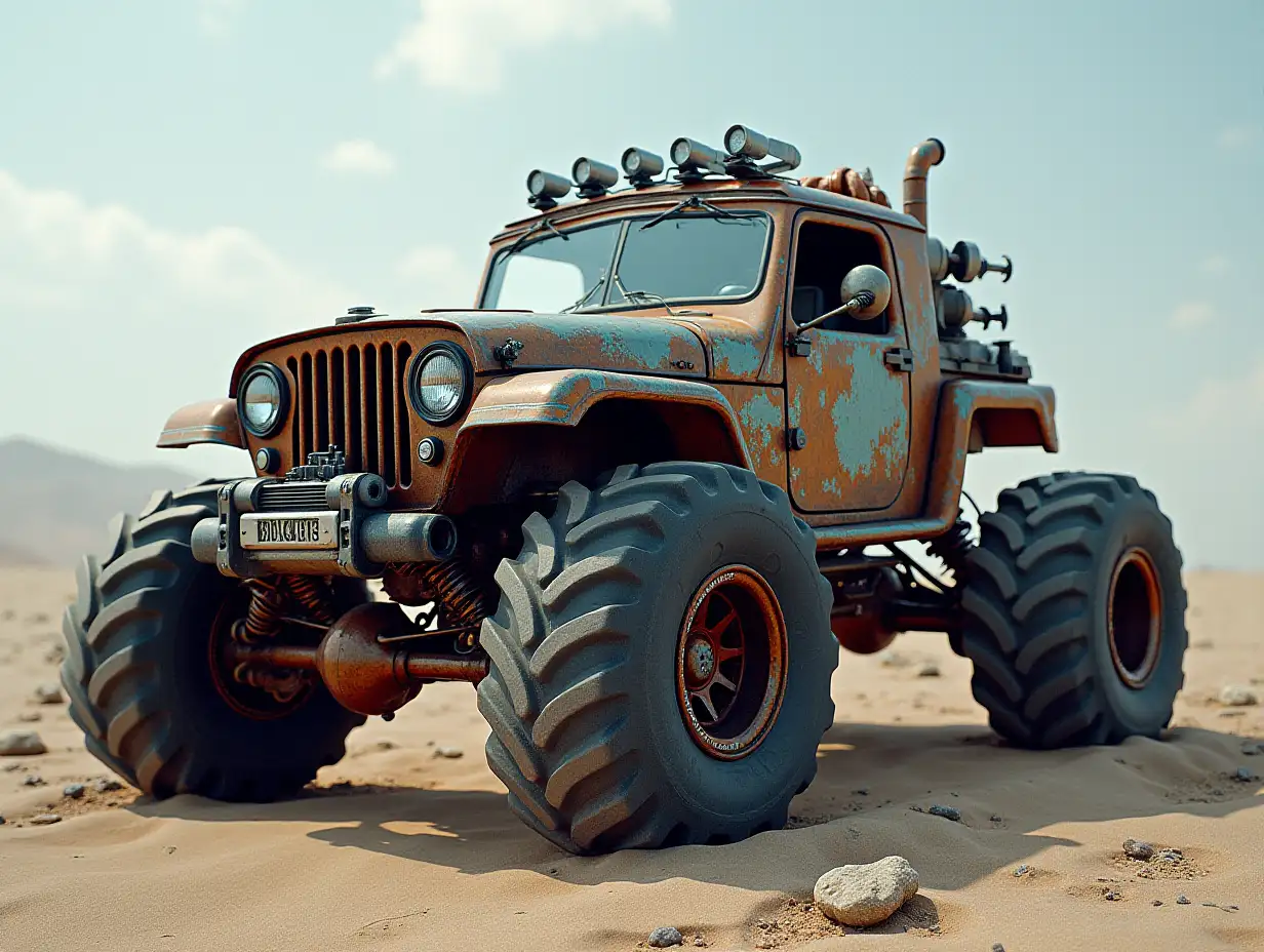 Create a crazy vehicle with twisted body and large cyberpunk wheels.