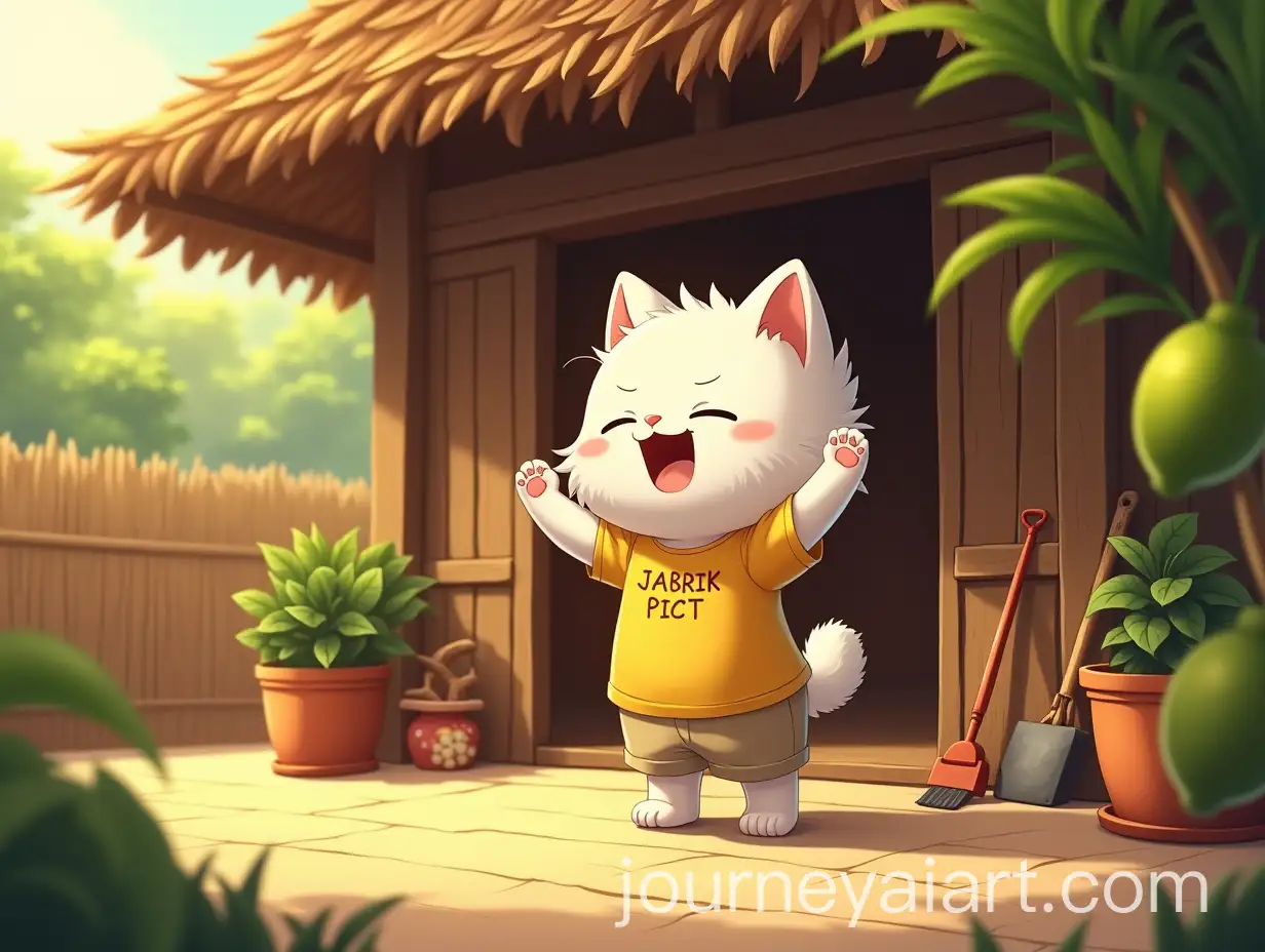 Fluffy-White-Kitten-Stretching-in-Front-of-a-VillageStyle-Wooden-House
