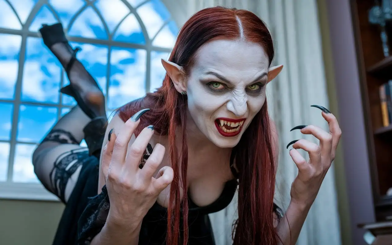 woman vampire, demonstrating vampire theme. Here are its key features: * **Appearance:** The woman has pale skin, sharp facial features and long red hair. Her eyes have a bright green color, and her mouth shows vampire fangs. Long sharp nails on her hands resembling claws. * **Clothing:** She is wearing black clothing, partially hidden in the frame. Visible that she's wearing stockings and something similar to a dress. * **Pose:** She is in a slanted position, staring at the camera with a predatory expression. Her hands are raised with fingers bent, enhancing the feeling of threat. One leg lifted up and held by her hands. * **Environment:** In the background, there's a window with a view of blue sky, as well as part of a bookcase. Overall impression from the image is creating an image of dangerous and seductive vampire woman.