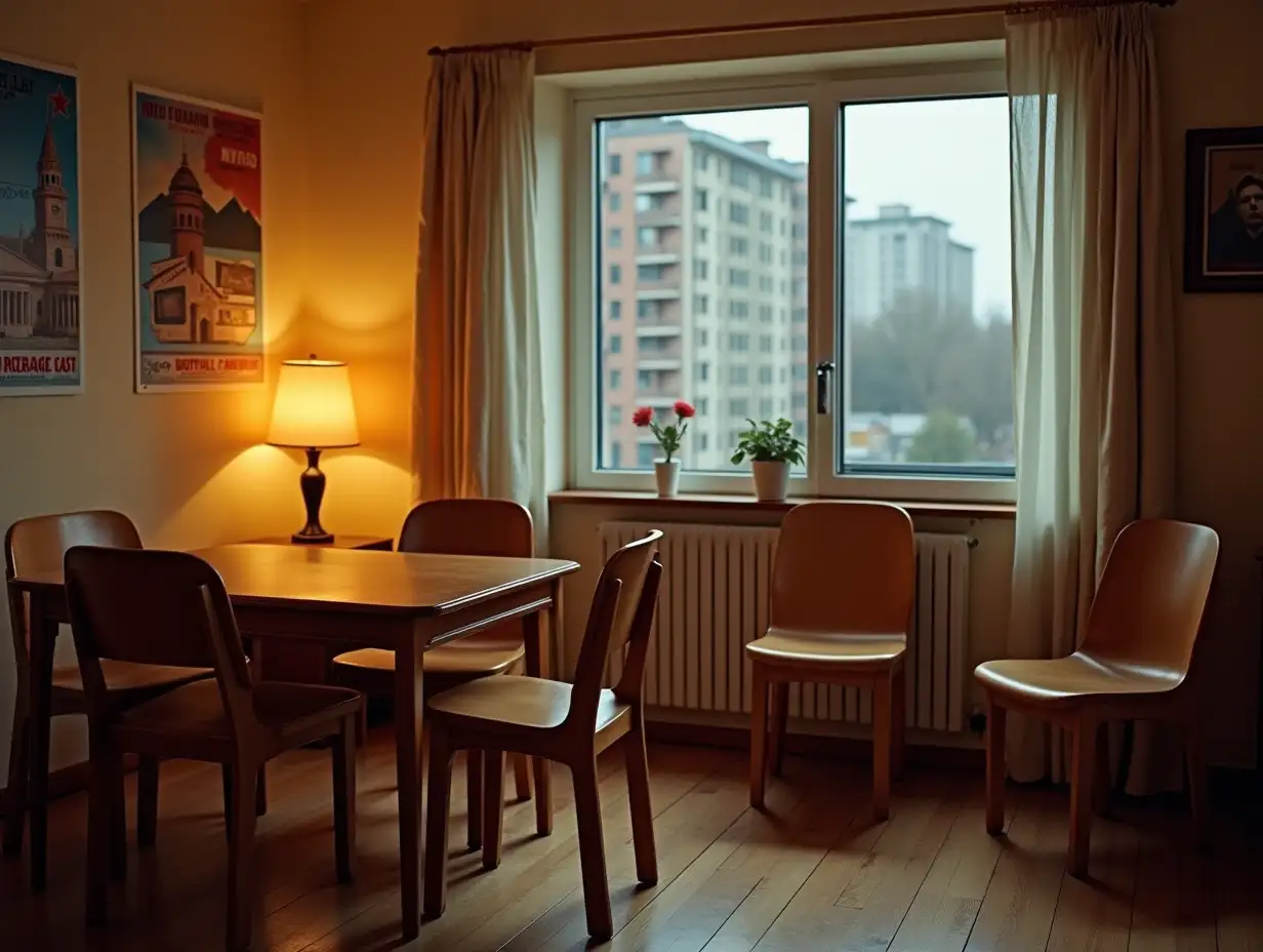 A nostalgic living room scene showcasing iconic Soviet-era furniture, featuring a simple wooden table, plywood chairs, and a vintage lamp. The walls are adorned with retro posters, and a window shows a glimpse of a Soviet cityscape. The atmosphere feels warm and inviting, evoking a sense of history and simplicity.