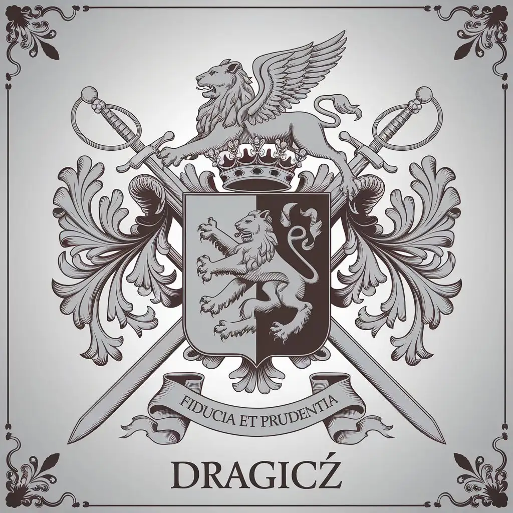 a vector logo design,with the text "Dragicz", main symbol:
1. **Shield**: Ermine fur

2. **Heraldic symbols**
   - **Winged Lion**: A symbol of power, courage and wealth.

4. **Motto**: "Fiducia et Prudentia" (Trust and Caution).

,complex,be used in Finance industry,clear background