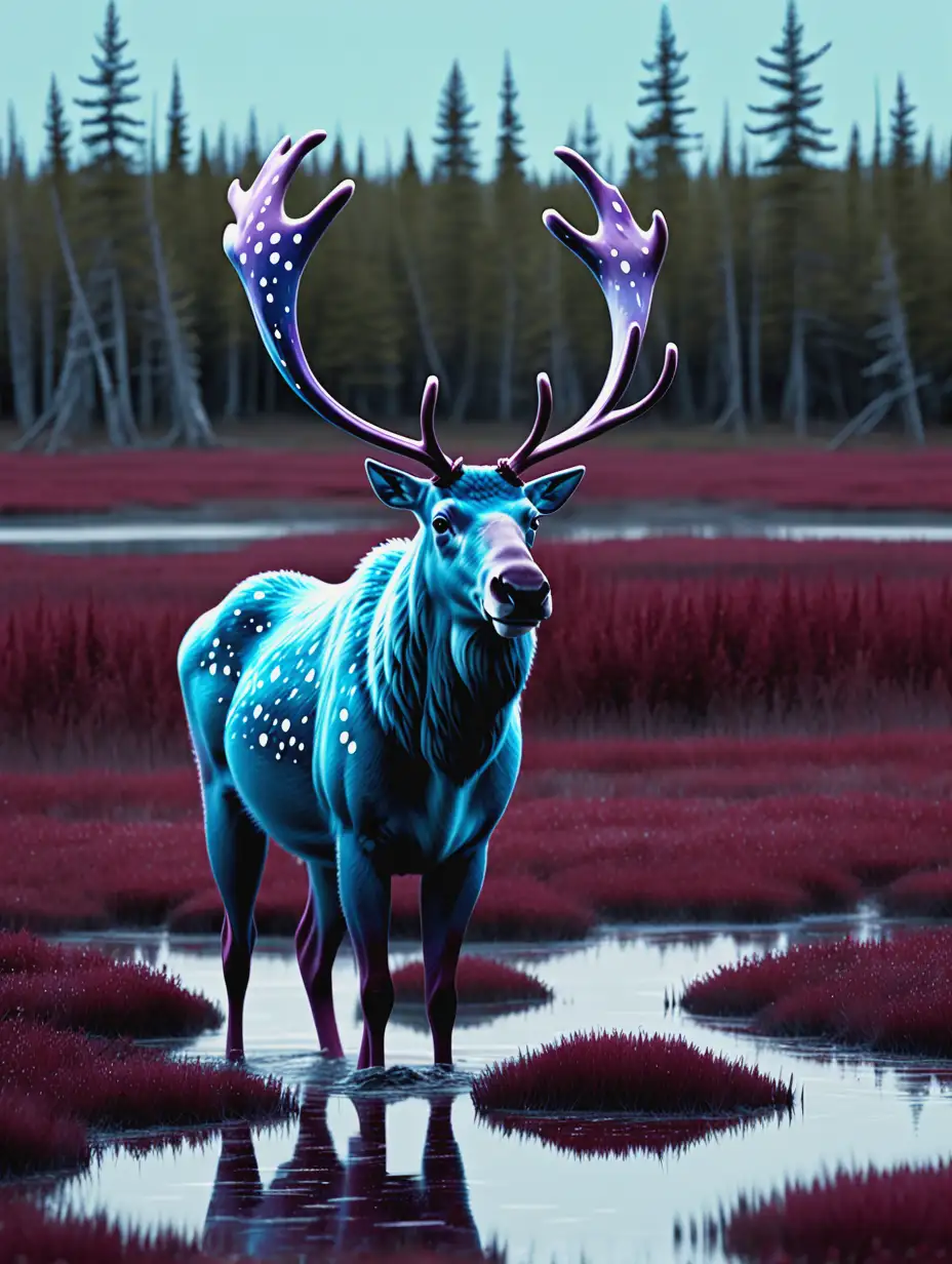 Fantasy Movie Scene Blue Caribou with Star Spots in a Maroon Marsh