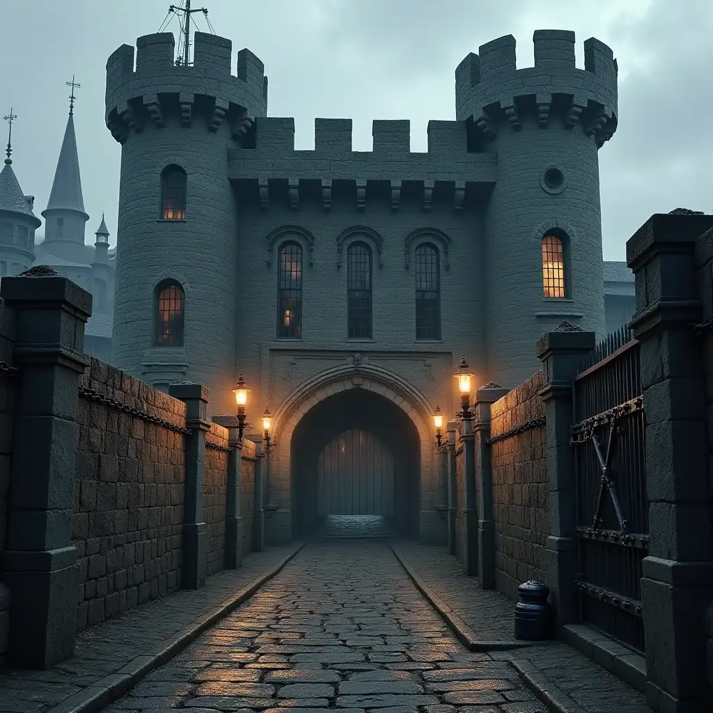 Medieval-Prison-Tower-Overlooking-a-Bustling-Port-City