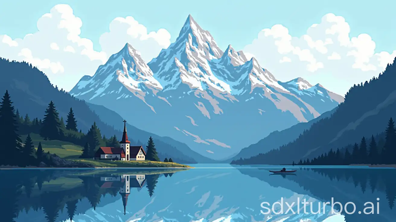 A rough 8-bit style pixel art of a serene mountain landscape with a crystal-clear lake in the foreground and small city with church near lake. The mountains are snow-capped and rugged, with trees dotting the lower slopes. The lake reflects the mountains and sky, which has a mix of soft white clouds and a pastel blue tone. The scene has a retro video game aesthetic, with dark colors.