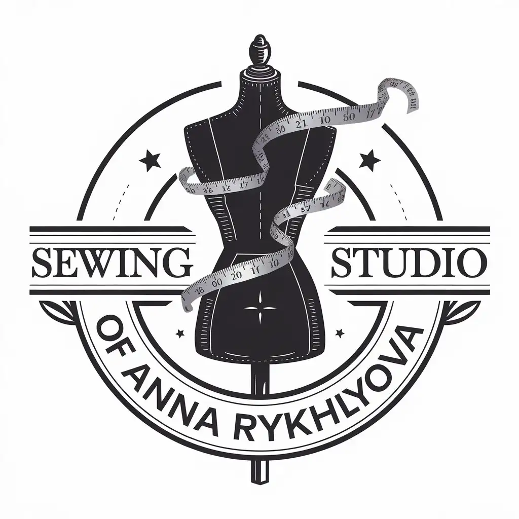 a vector logo design,with the text "Sewing studio of Anna Rykhlyova", main symbol:Sewing mannequin and centimeter tape flying around,complex,be used in Individual tailoring industry,clear background