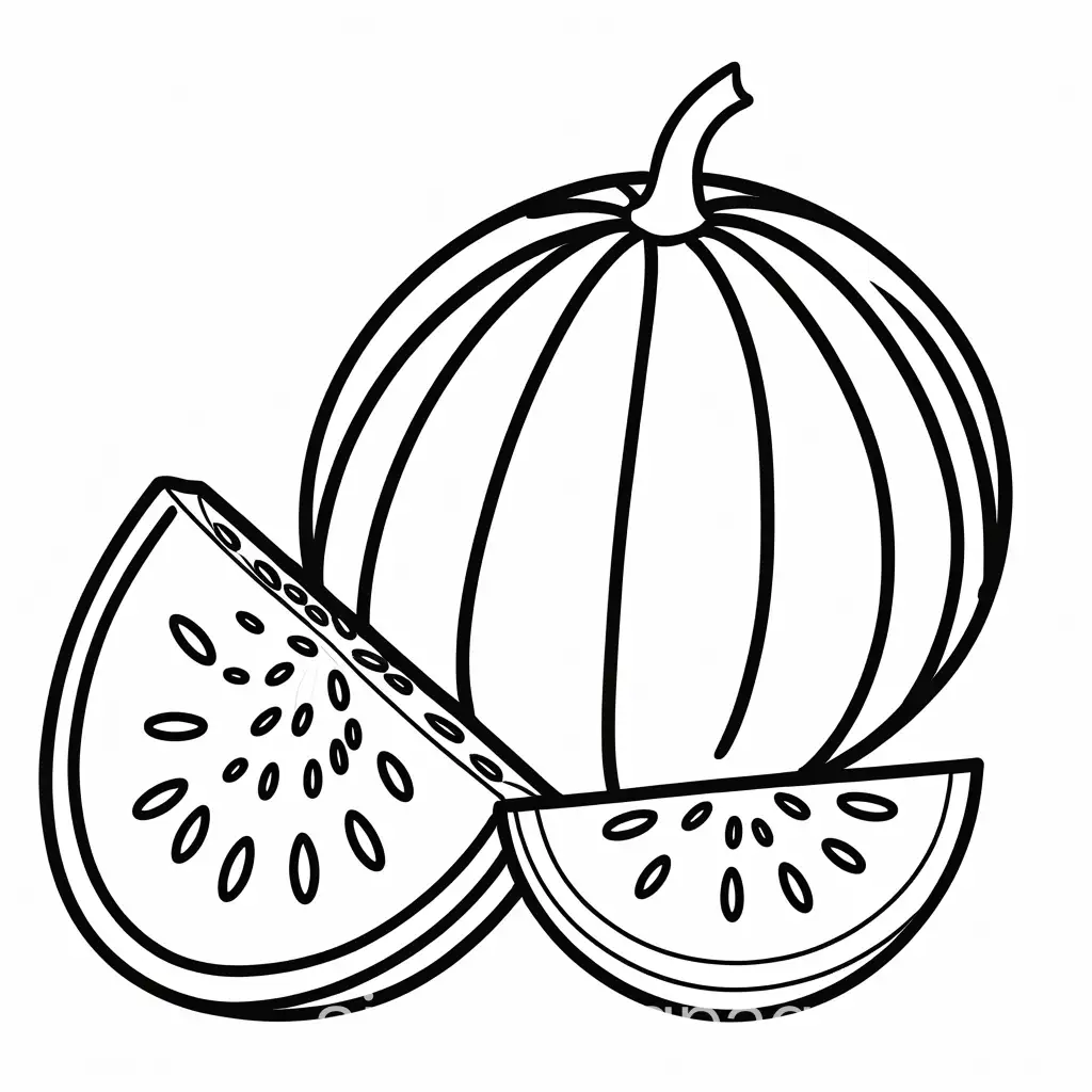 a simple cartoon water melon with one half and full image  for kids to color, Coloring Page, black and white, line art, white background, Simplicity, Ample White Space. The background of the coloring page is plain white to make it easy for young children to color within the lines. The outlines of all the subjects are easy to distinguish, making it simple for kids to color without too much difficulty