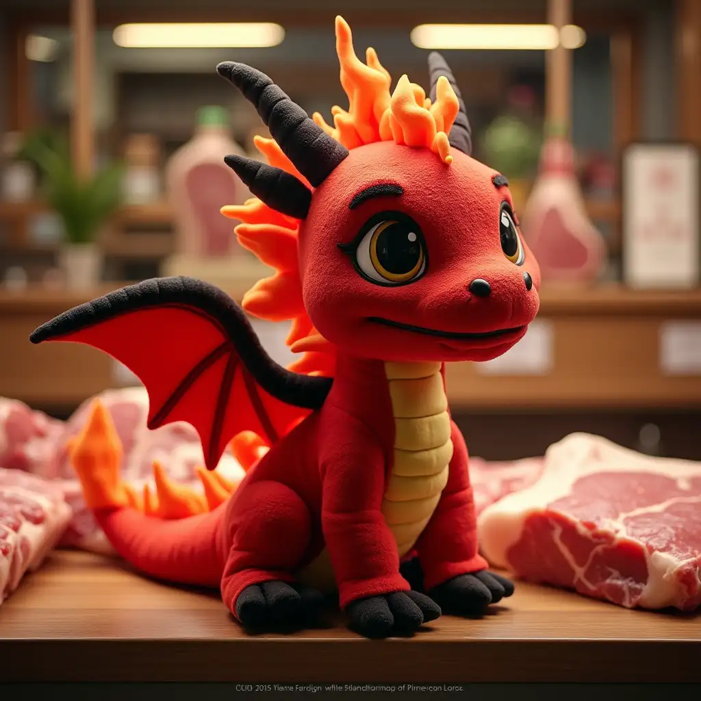 a cute little fire-breathing dragon, red and black small meat mascot, realistic, plush toy, a stuffed toy, sitting in a display in a butcher shop