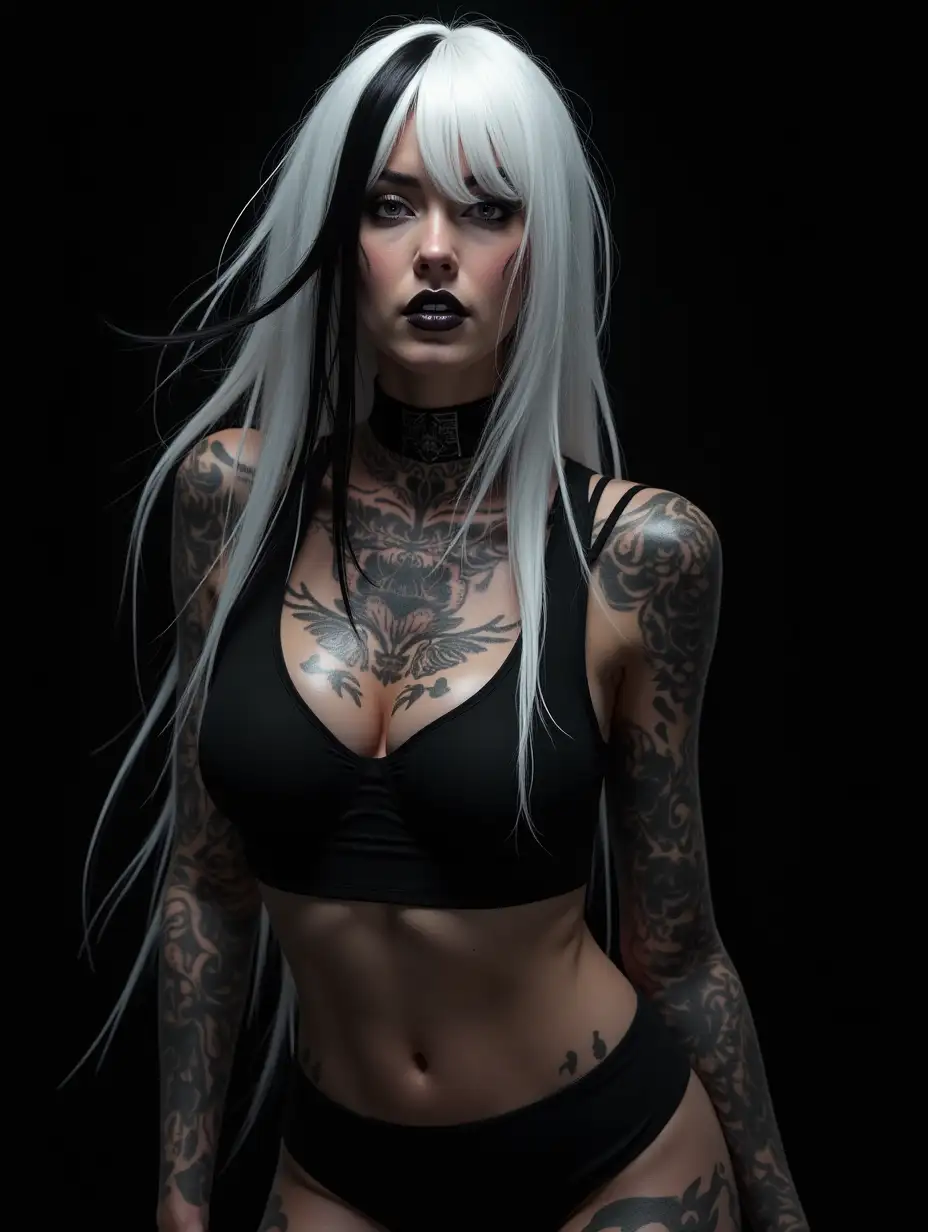 depiction of a beautiful white woman with death tattoos and long mixed white with black hair in a futuristic style and black background showing full body