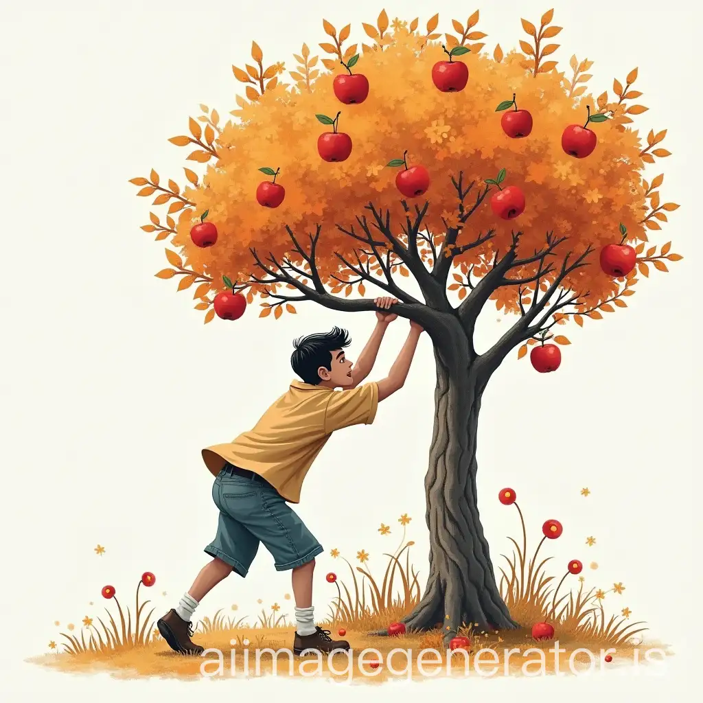 Man-Stealing-Apples-from-Tree-in-Drawing-Style-with-Gray-and-Orange-Tones