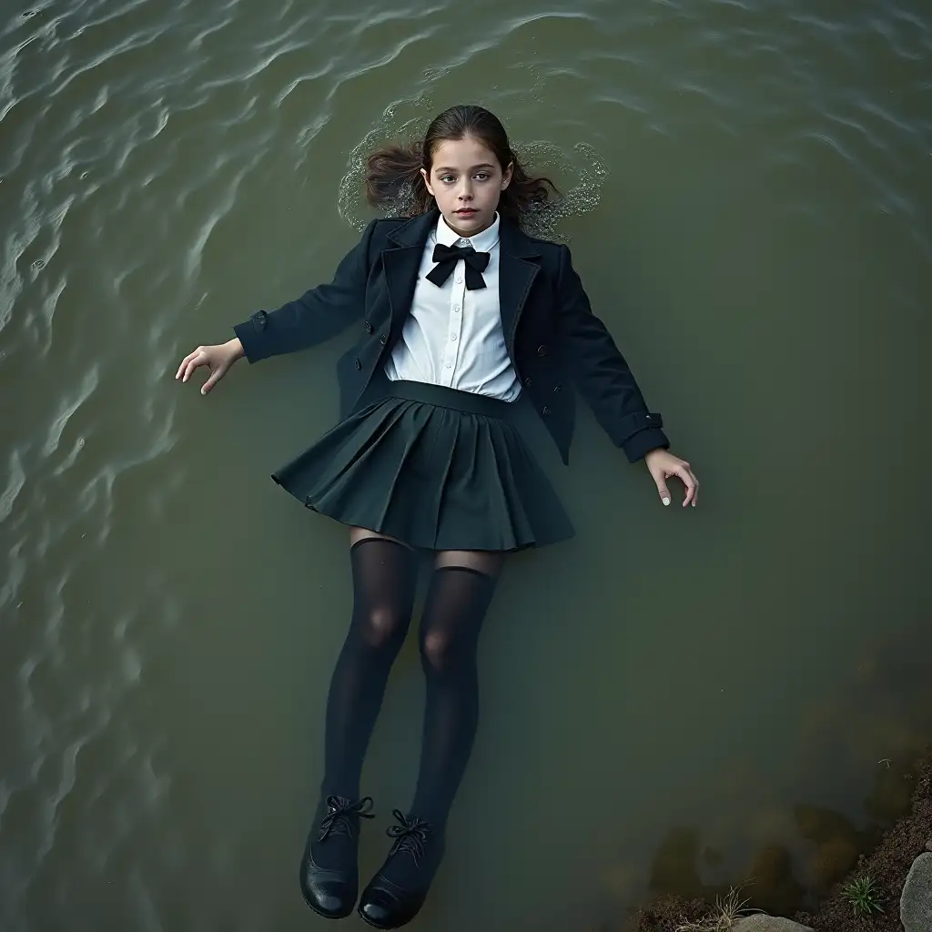 A young schoolgirl in a school uniform, in a skirt, jacket, blouse, dark tights, high-heeled shoes. She is swimming in a dirty pond, lying underwater, all her clothes are completely wet, wet clothes stick to her body, the whole body is underwater, submerged in water, under the surface of the water, below the water's edge.