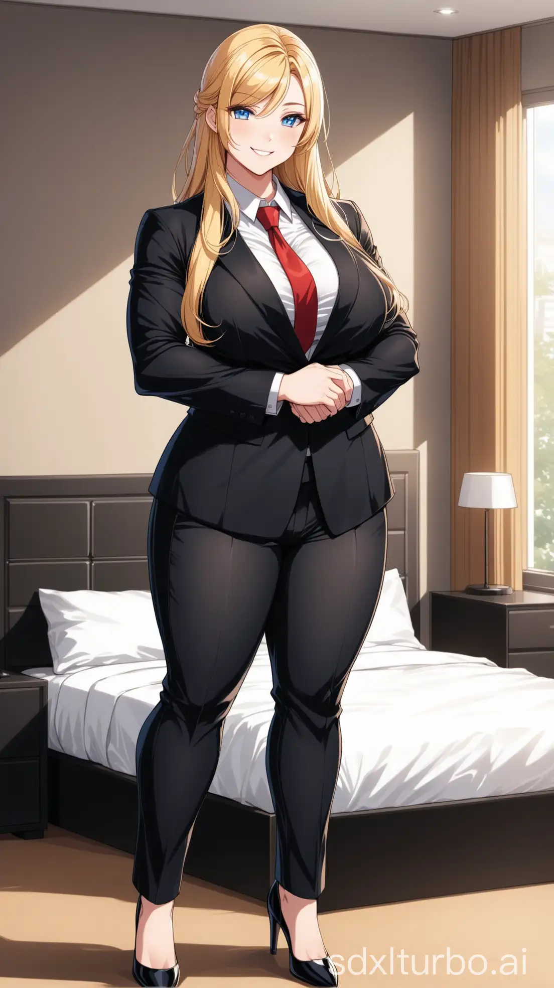 Tall-Woman-in-Formal-Suit-with-Long-Blonde-Hair-in-Bedroom-Setting