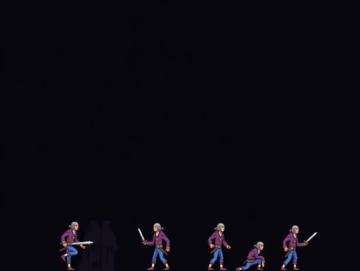 Pixel art, sprite images, fantasy warrior, 8-frame running loop, blue and purple clothing, sword, black background, 16-bit style, horizontal sprite image, continuous frames, consistent character design across all frames, keyframes include: lifting leg, stepping forward, landing, another leg lifted