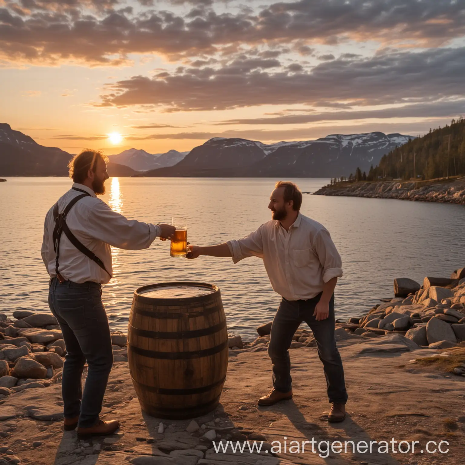 Scenic-Sunset-Two-Men-Enjoying-Beer-from-a-Wooden-Cask-by-the-Swedish-Sea-and-Mountains