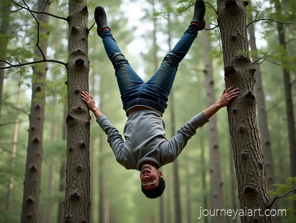 Man-Hanging-Upside-Down-Between-Two-Birch-Trees-in-Outdoor-Forest-Setting