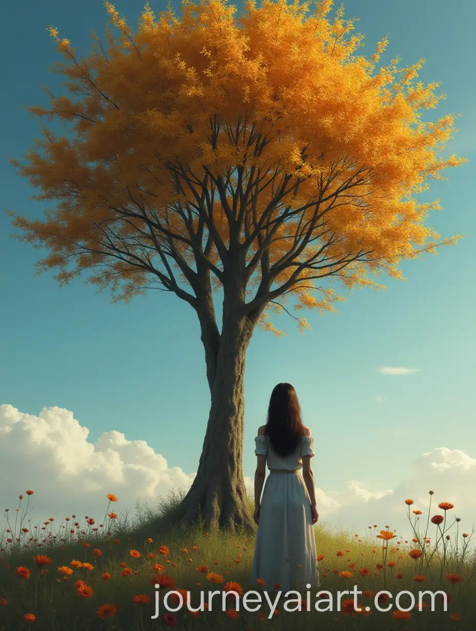 Woman-Gazing-at-the-Sky-with-a-Large-Bright-Tree-in-the-Background