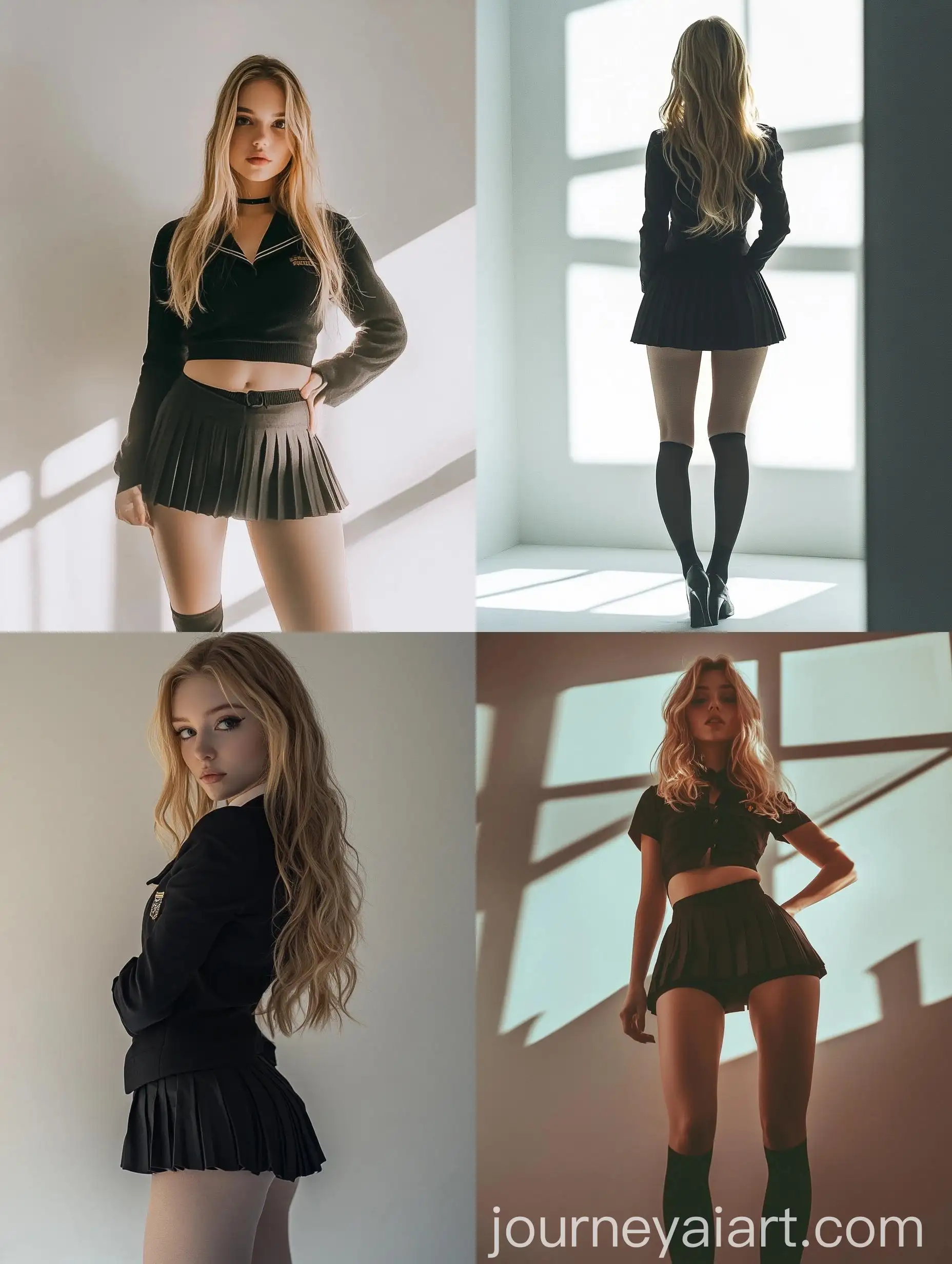 Blonde-Woman-in-School-Girl-Uniform-Posing-at-Photography-Studio