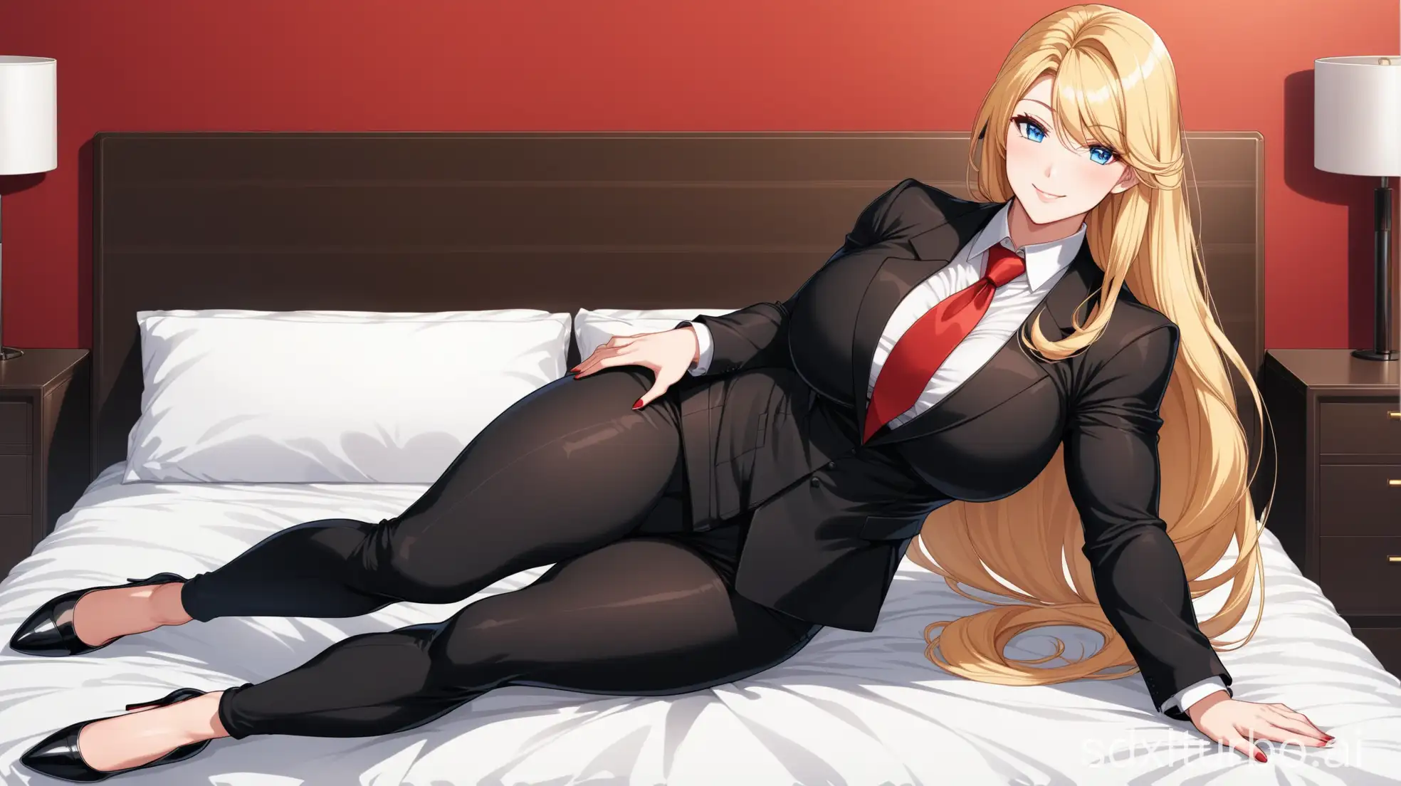 Muscular-Woman-in-Formal-Suit-Relaxing-on-Bed-in-Anime-Style