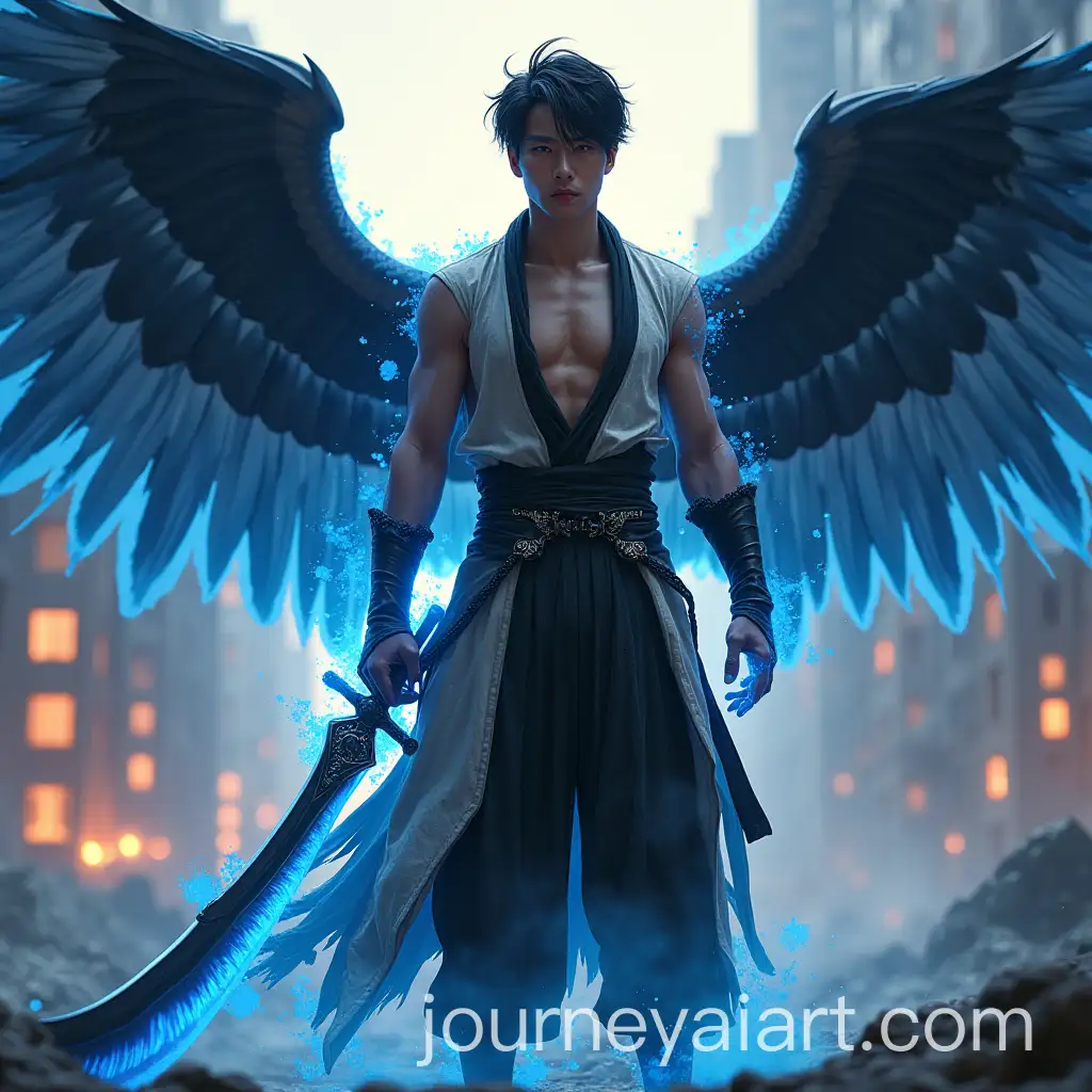 Asian-Youth-in-Tattered-Robe-with-Scythe-Sword-in-Urban-Ruins