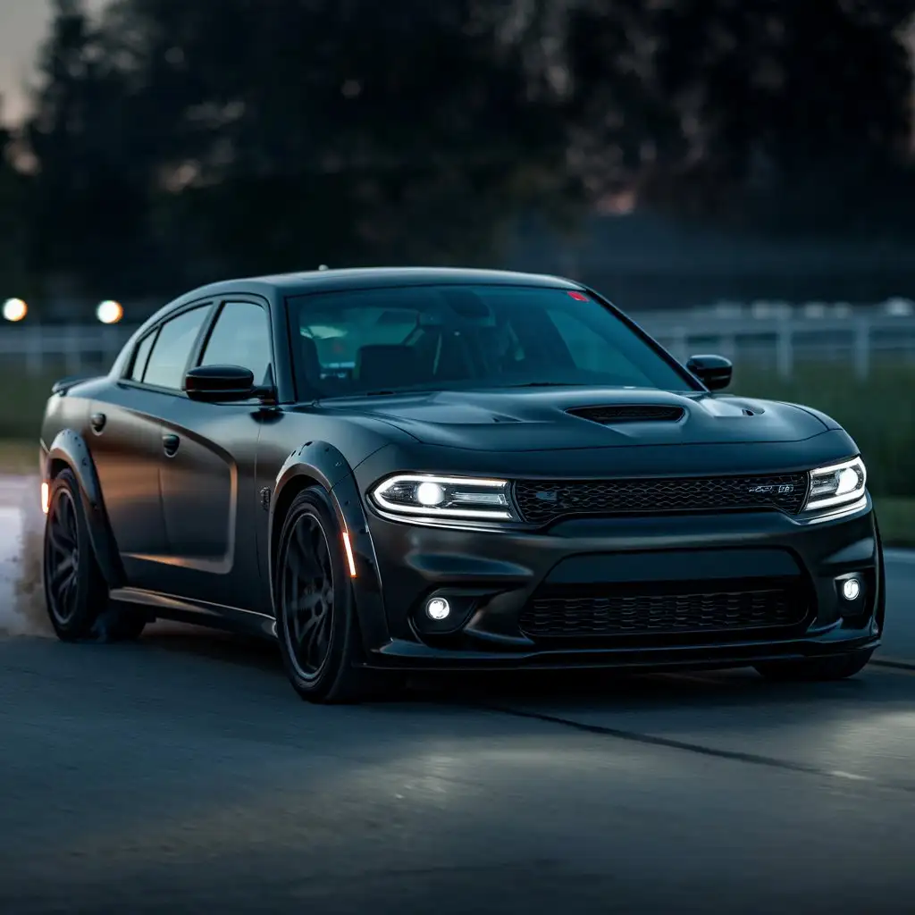 Aggressive-Matte-Black-Dodge-Charger-with-Tire-Smoke-and-Road-Lights