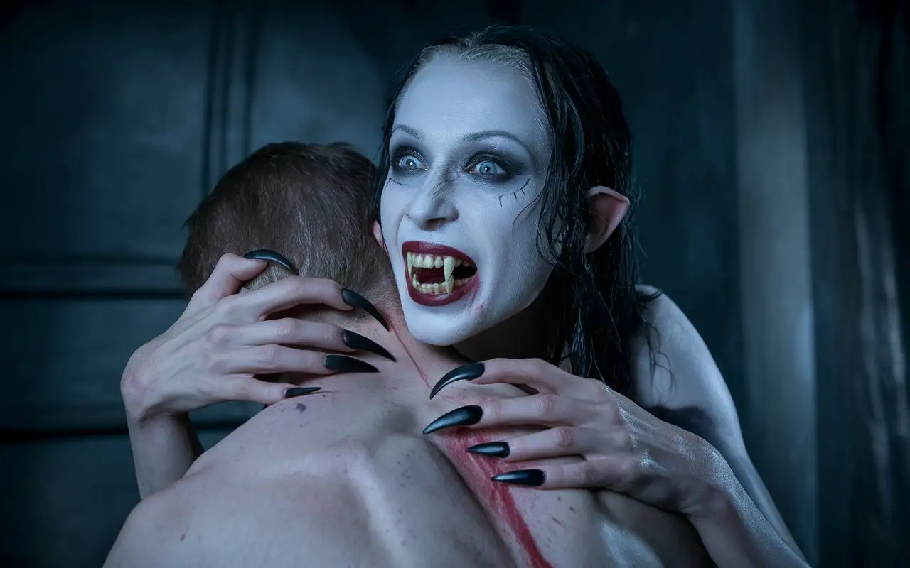 Vampire-Woman-and-Vulnerable-Man-in-Dark-Gothic-Embrace