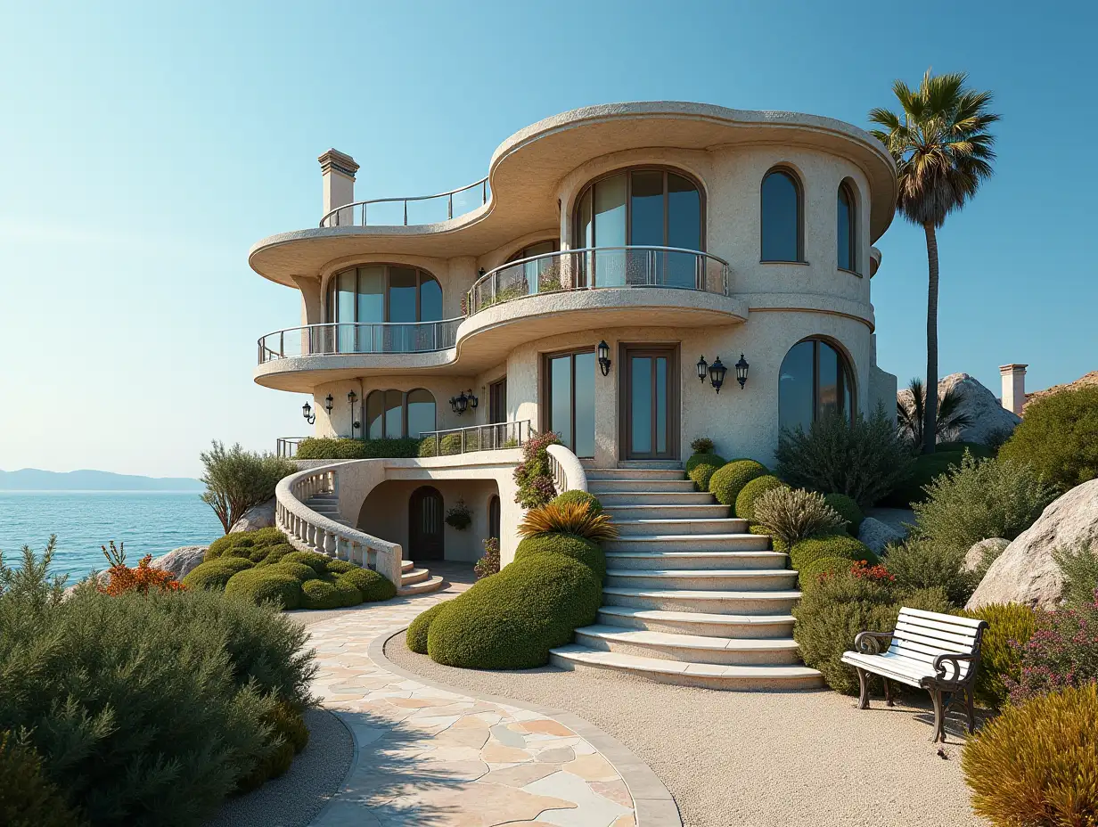 Crooked house with side line to the beach  Planting-with stucco in the form of plant ornaments, large windows with glass to, curved, smooth window shapes, winding grand entrance staircase from marble complex, curved roof with dike, lanterns, bench by the sea with  lending view to the sea 4K resolution colorful wide-angle shots