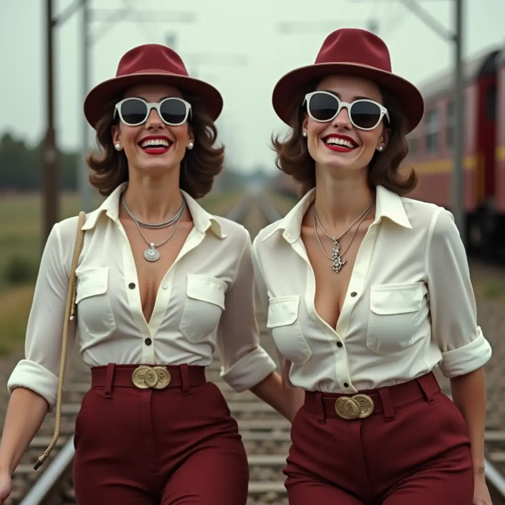 two White pinup plump girls wearing an white deep-necked railroad uniform shirt, laughing with her mouth open, red lipstick accentuating her smile, jewerly, aviator sunglasses, white skin, whip in hand, walking on rails, australia