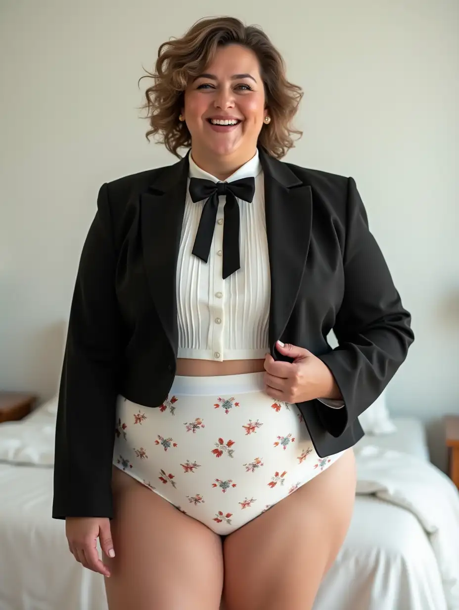 MiddleAged-Woman-in-Formal-Orchestra-Tuxedo-Tugging-Bow-Tie-in-White-Bedroom