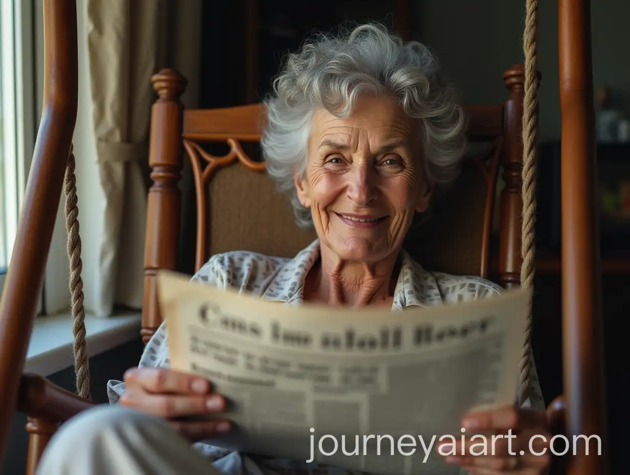 65YearOld-Woman-with-Grey-Curly-Hair-Smiling-in-Swinging-Chair-with-Newspaper