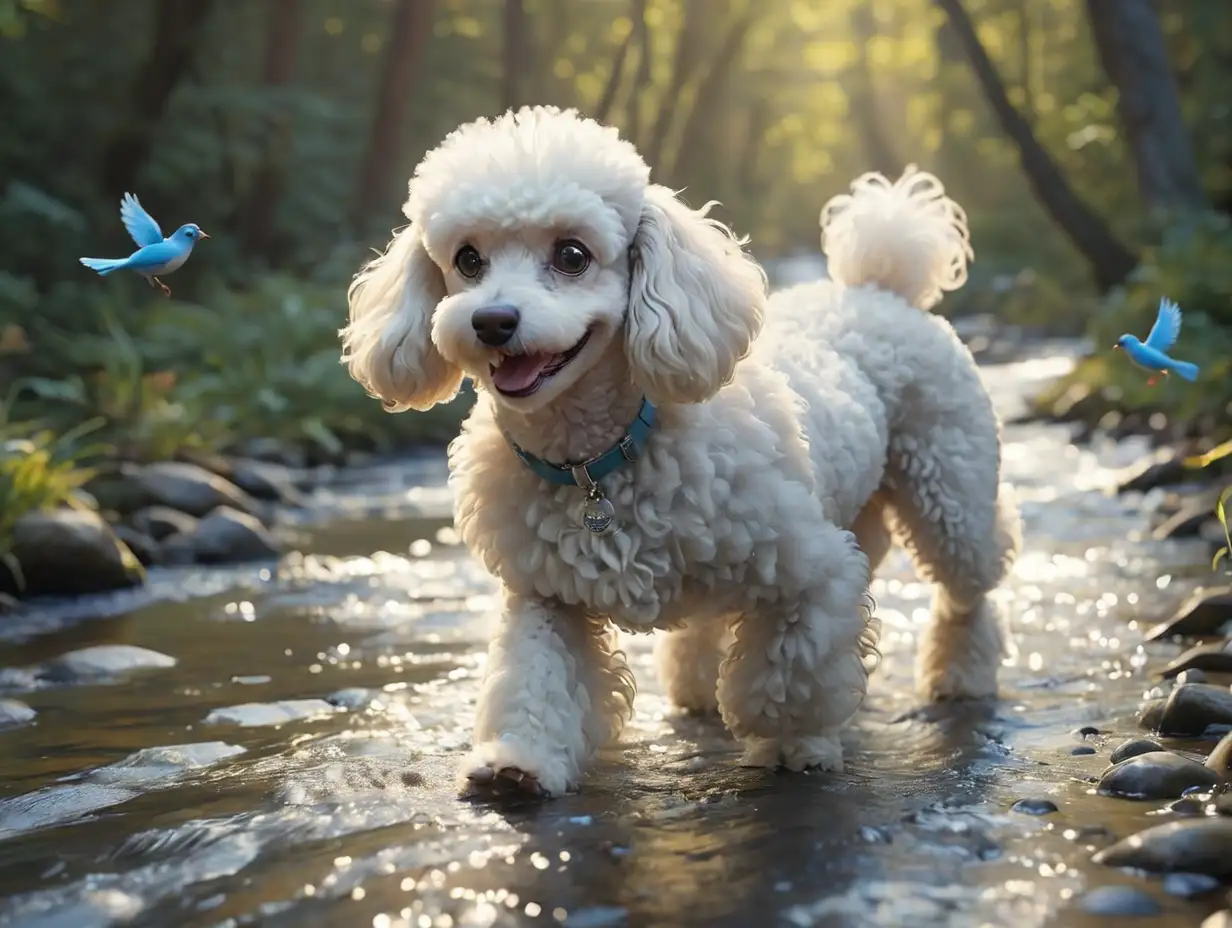 White-Poodle-Dog-and-Blue-Bird-Crossing-Shimmering-Stream-at-Dawn