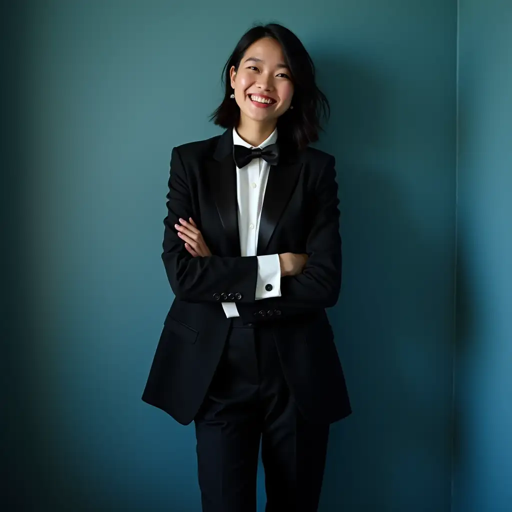 Smiling-Chinese-Woman-in-Formal-Tuxedo-with-Black-Heels