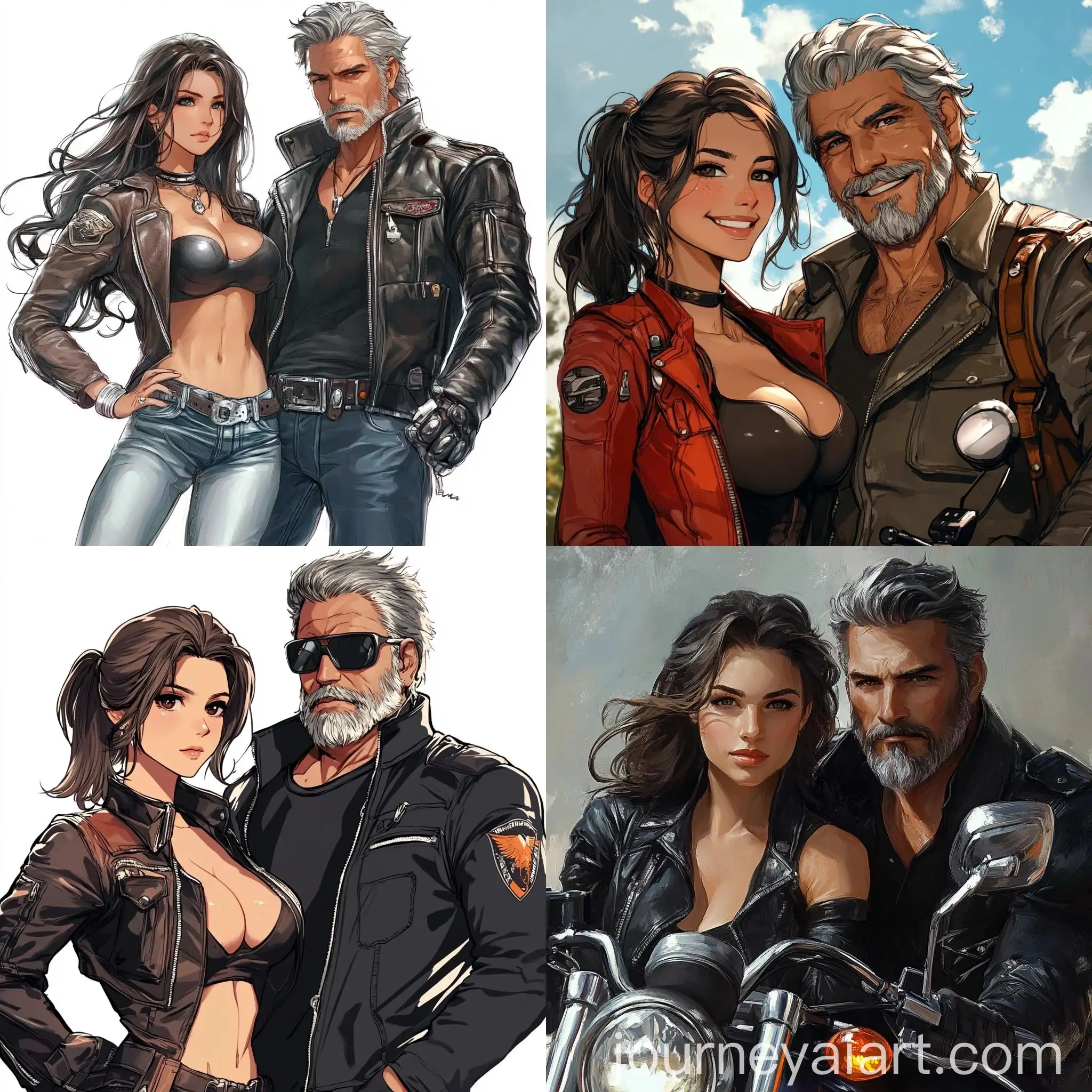 Brown-Haired-Biker-Girl-and-Gray-Haired-Biker-Guy-Riding-Motorcycles