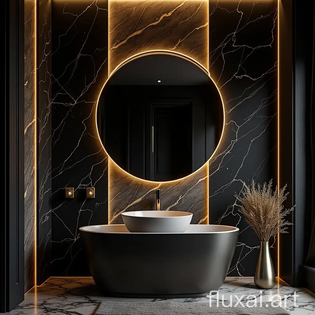 Luxurious bathroom with black marble and gold