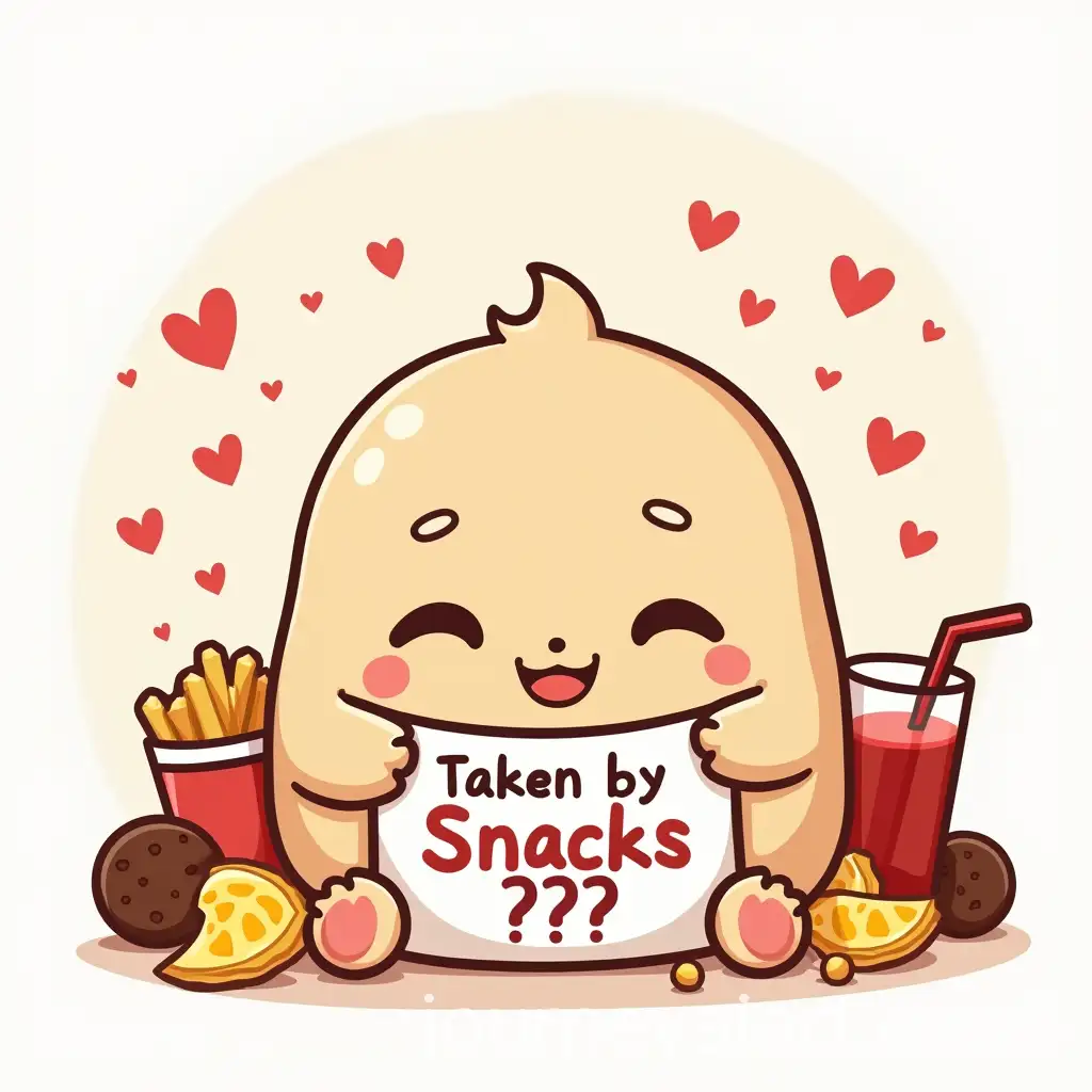 Kawaii-Cartoon-Character-Surrounded-by-Snacks-Holding-Taken-by-Snacks-Sign