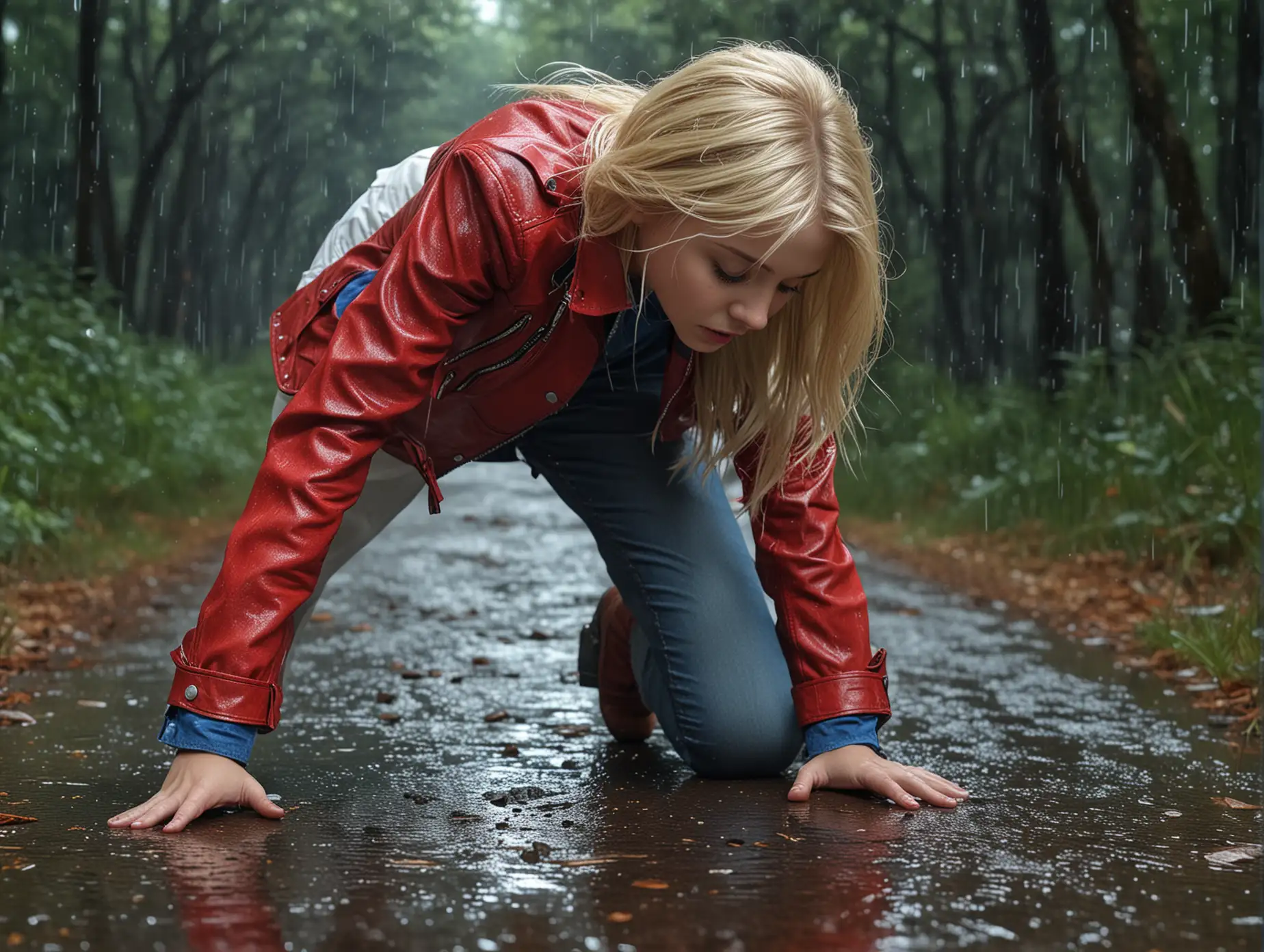 Person-in-Red-Leather-Jacket-Crawling-Through-Forest-with-Golden-Sparkling-Rain