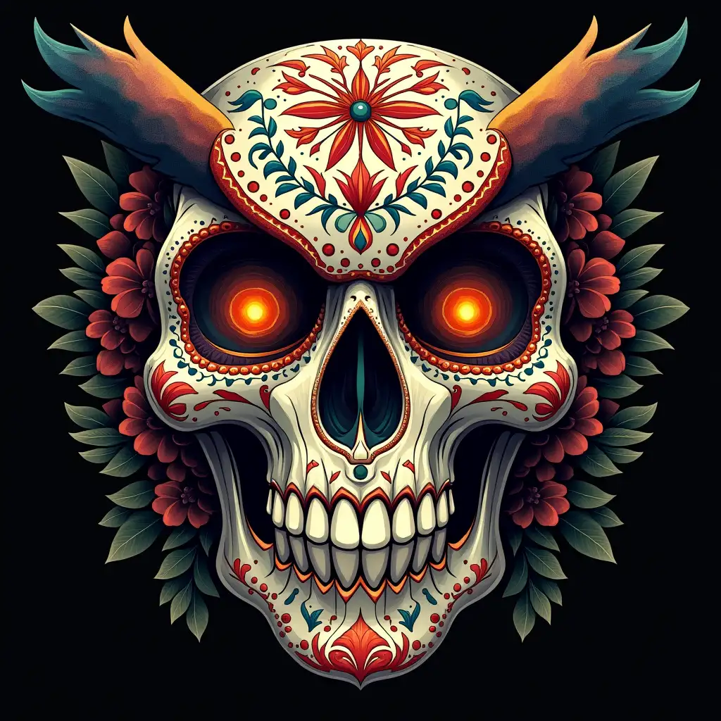 an owl crossed with the day of the dead skull